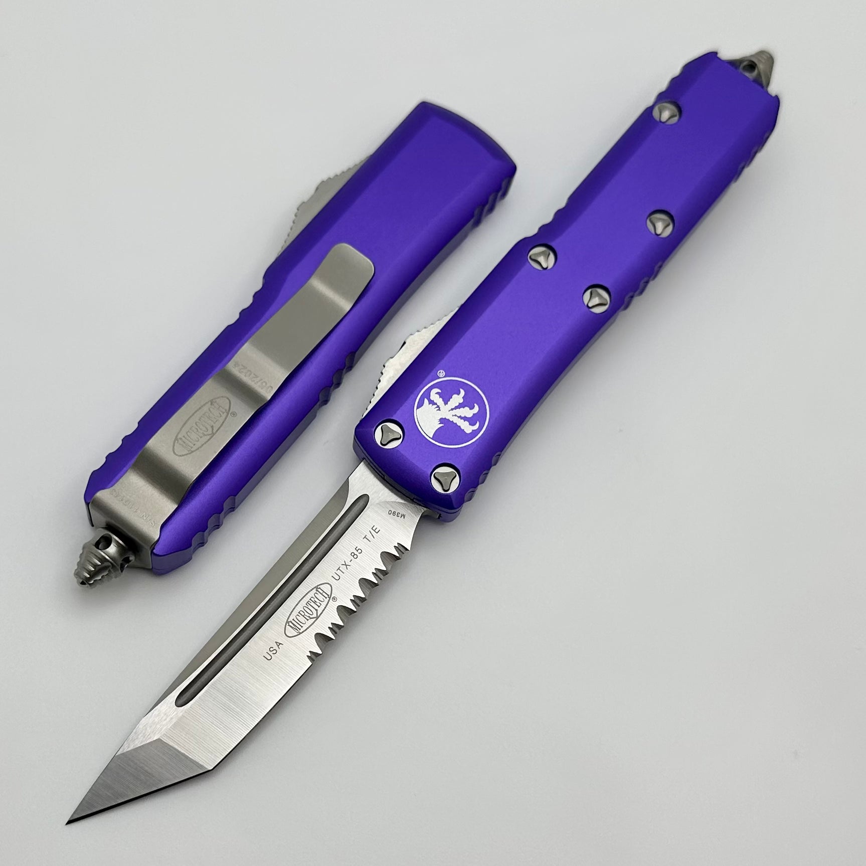 Microtech UTX-85 Tanto Partial Serrated Satin Standard & Purple 233-5PU