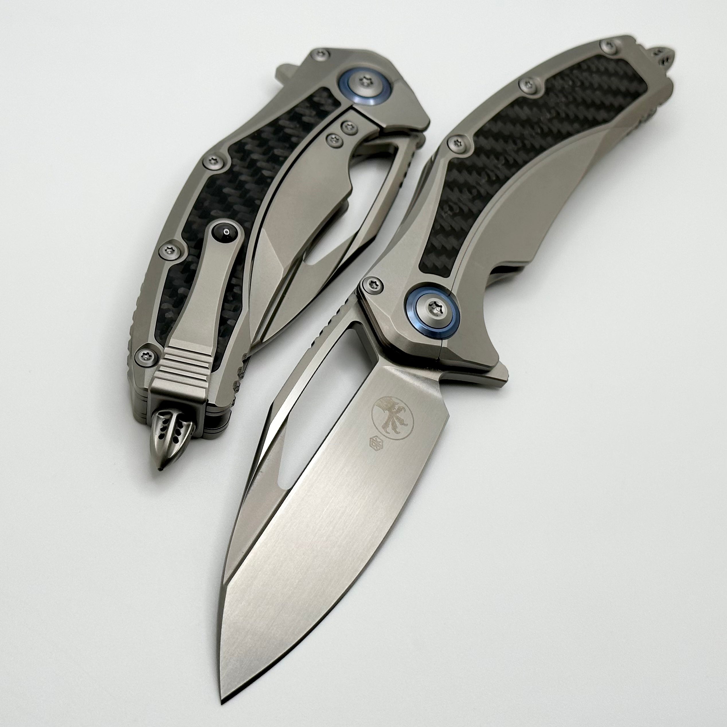 Microtech Matrix Titanium w/ Carbon Fiber Inlays & Blue Ti Pivot Collars w/ Hand Satin M390 165C-4CFITI