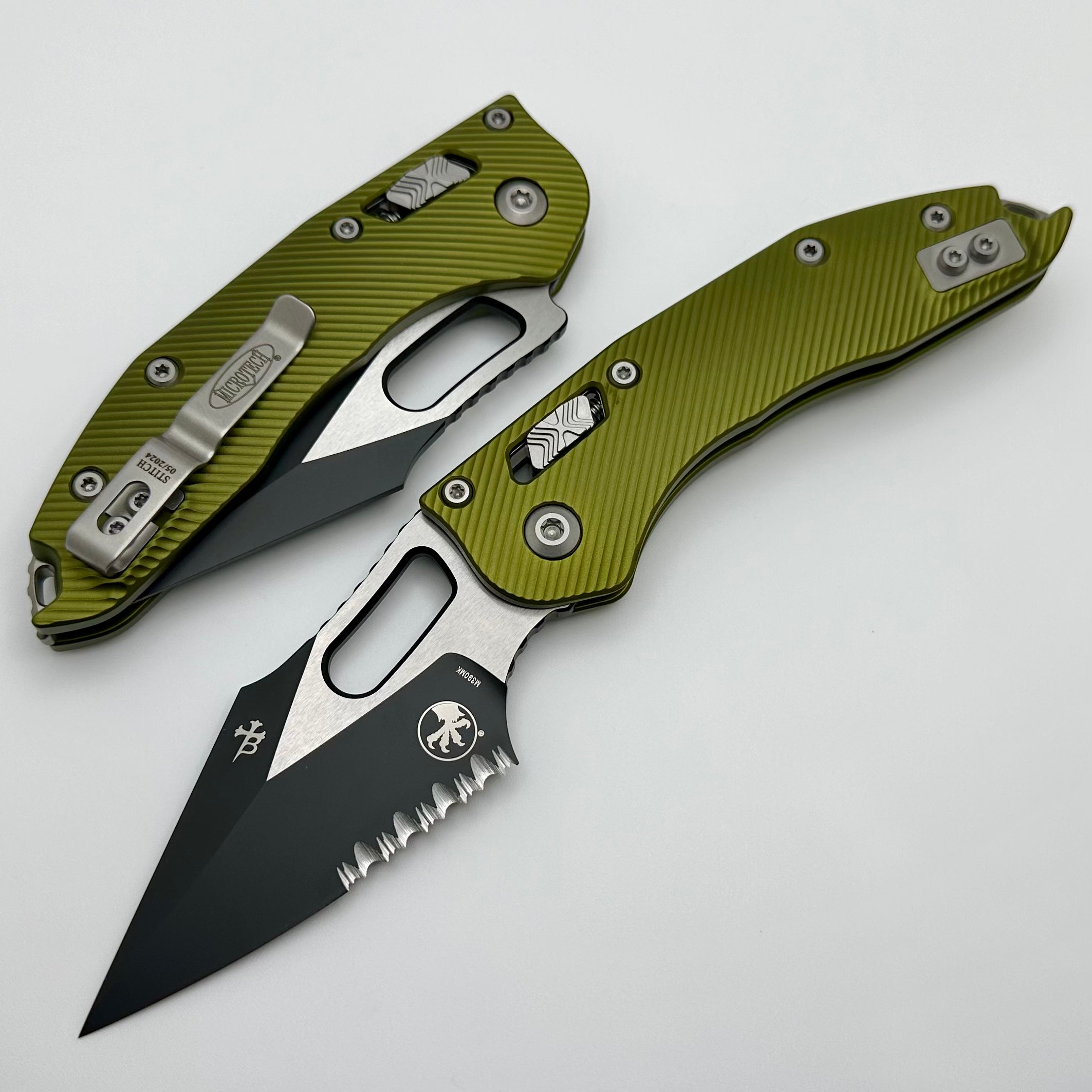 Microtech Knives Manual Stitch RAM LOK Fluted OD Green Aluminum & Two Tone Black Partial Serrated M390MK 169RL-2FLOD