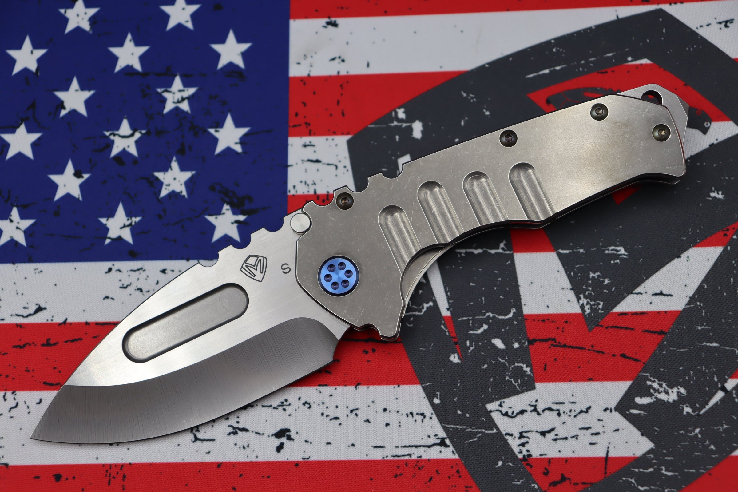 Medford Knife Praetorian T Drop Point Tumbled S35 & Tumbled Handles w/ Blue Hardware/Clip