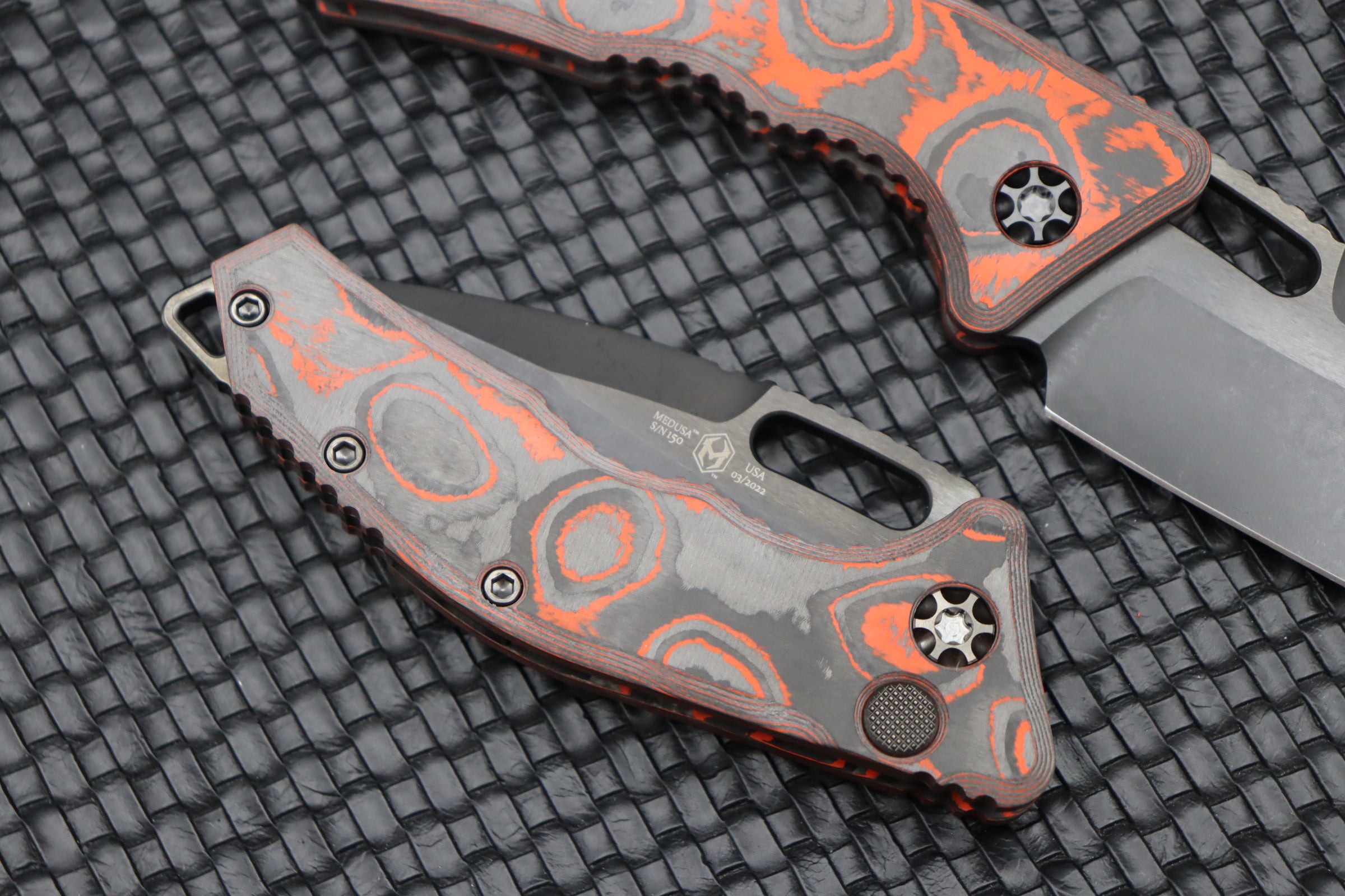 Heretic Knives Medusa Orange Camo Carbon Handles & DLC Tanto