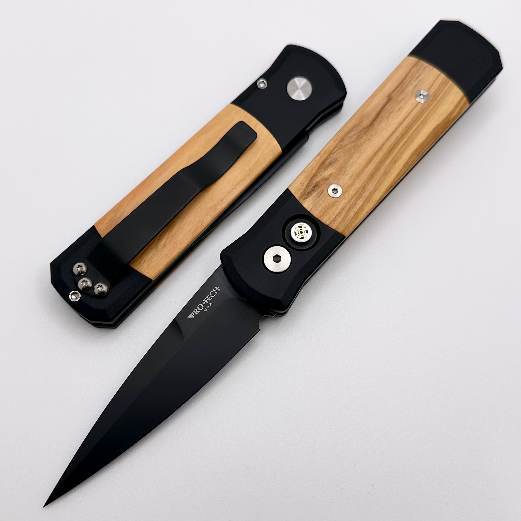 Pro-Tech Godson Olive Wood Inlaid Handles w/ Mosaic Button & Black 154-CM Blade 707-OLIVE