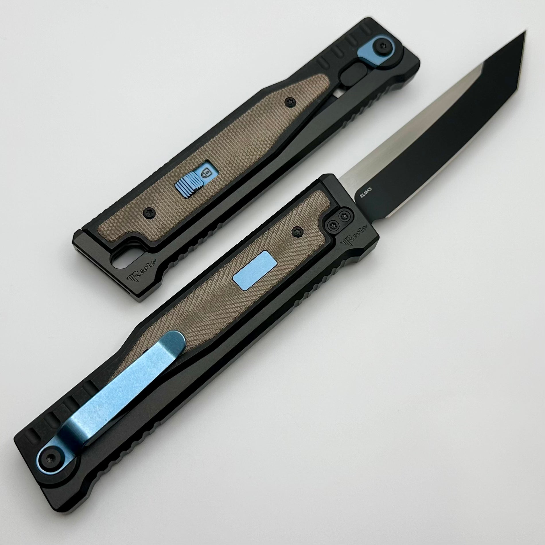 Reate EXO Exoskeleton Design V2 Twill Green Micarta & Two Tone Black PVD Tanto w/ Blue Accents