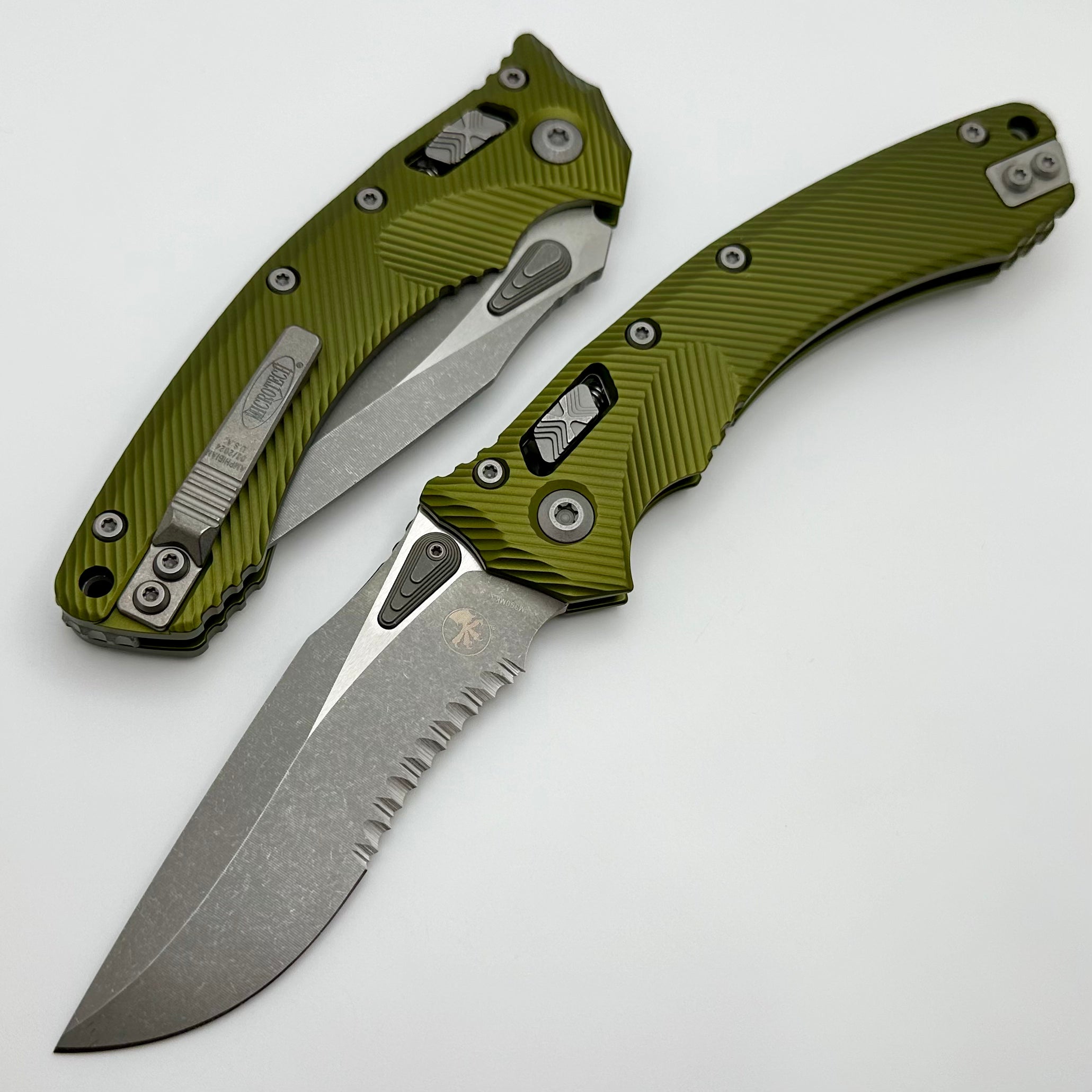 Microtech Amphibian RAM LOK OD Green Fluted Aluminum & Partial Serrated Apocalyptic M390MK 137RL-11APFLOD