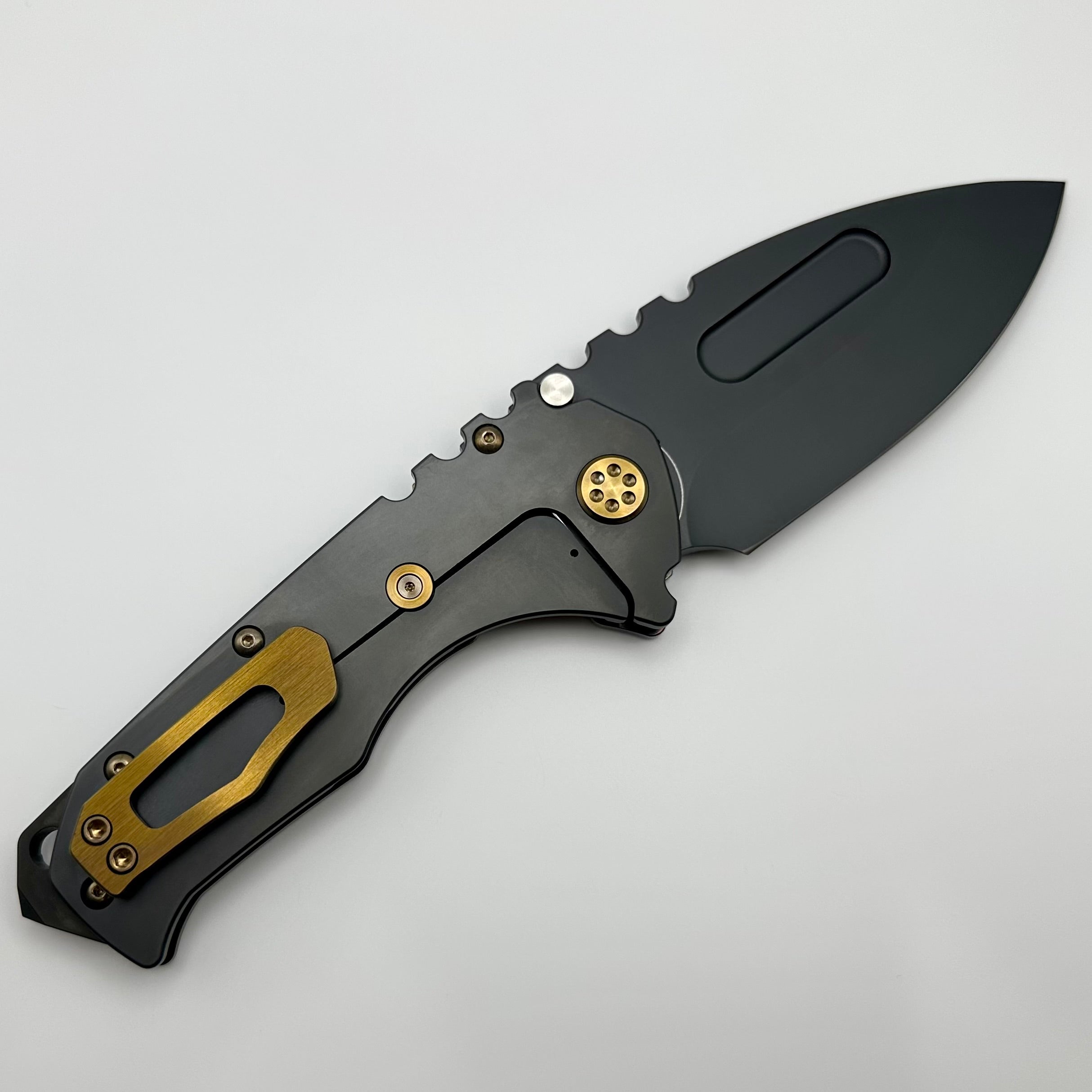 Medford Knife Praetorian T Drop Point DLC S45VN & Flame Stripes/DLC Handles w/ Bronze Hardware/Clip