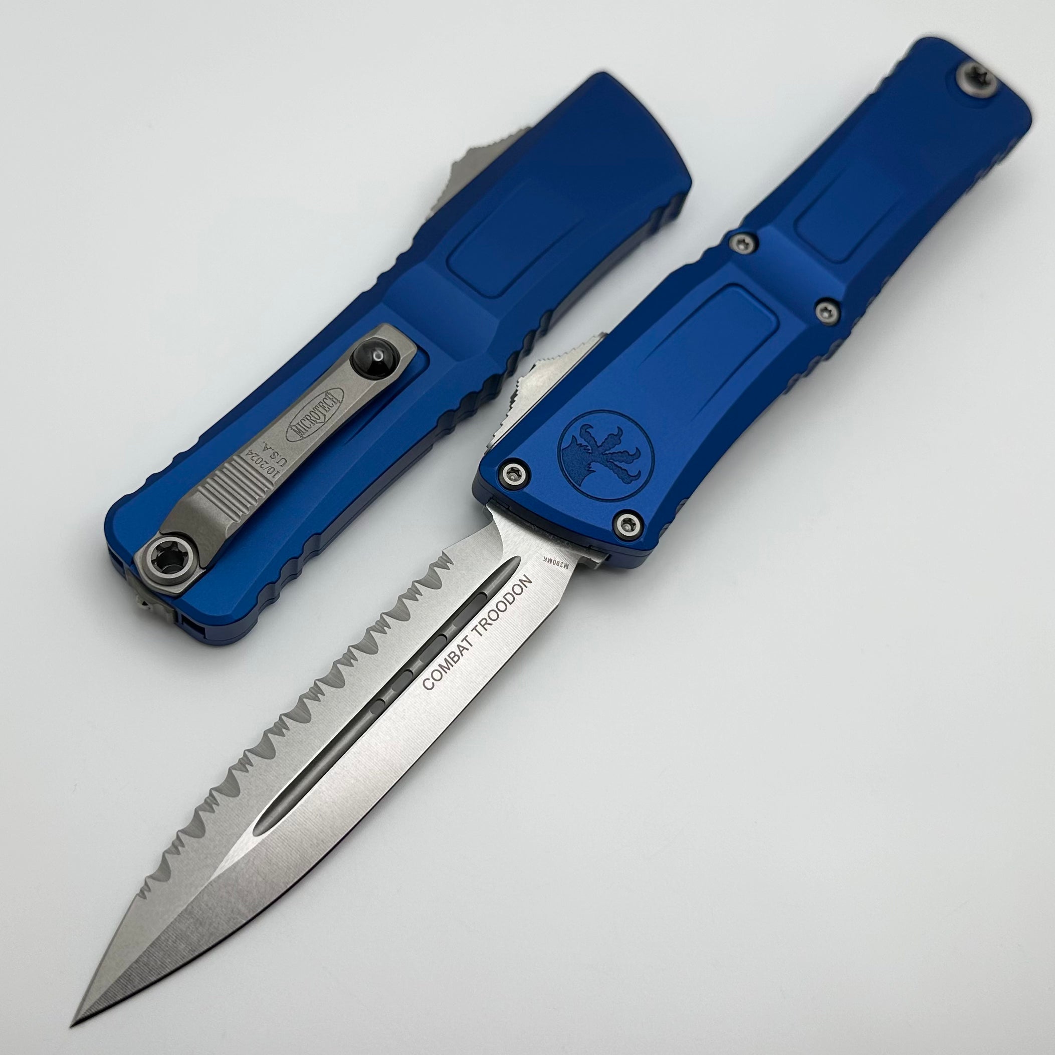 Microtech Knives Combat Troodon Gen III Stonewash Full Serrated Double Edge w/ Navy Blue Handle 1142-12NA