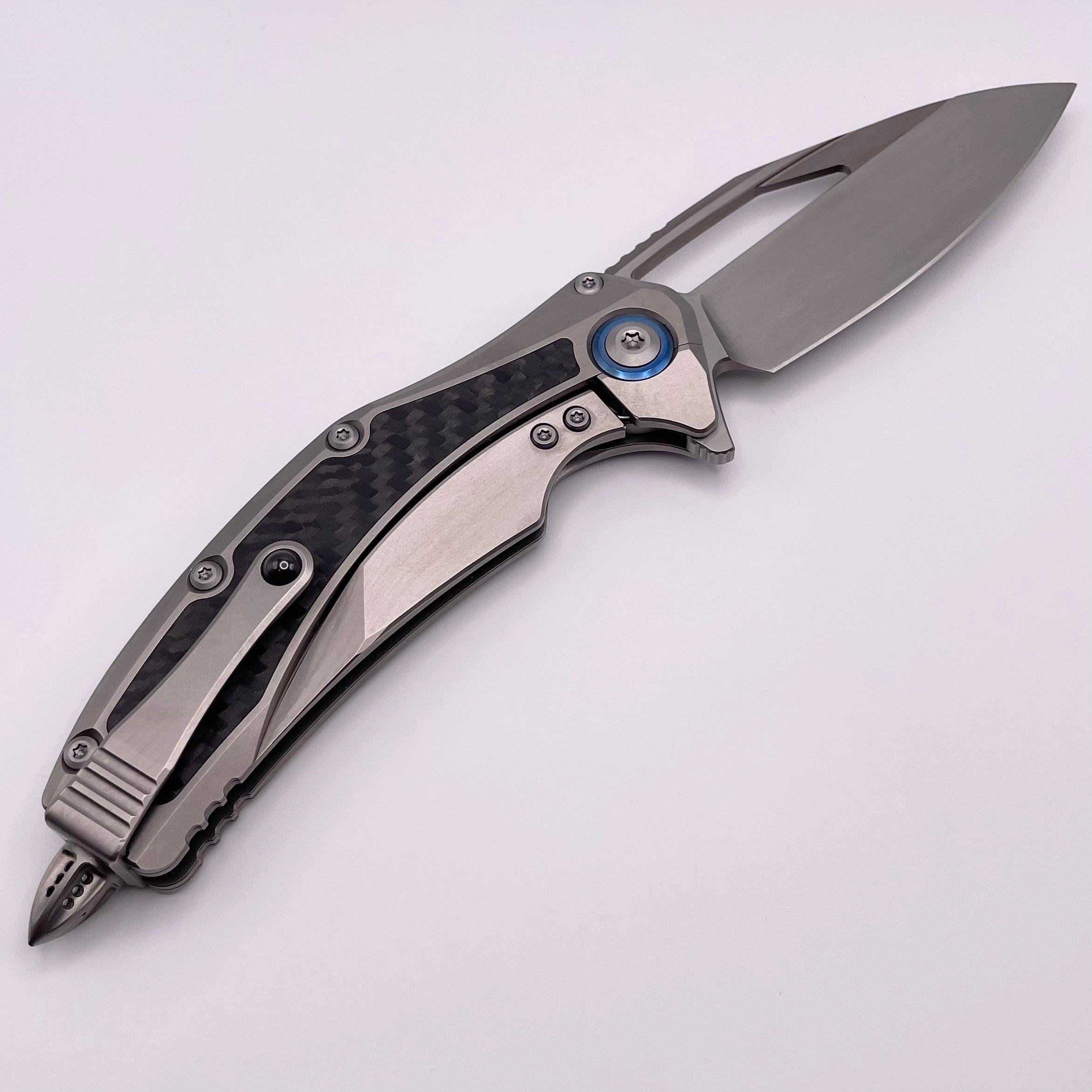 Pre Owned Microtech Matrix Titanium w/ Carbon Fiber Inlays & Blue Ti Pivot Collars w/ Hand Satin M390 165C-4CFITI