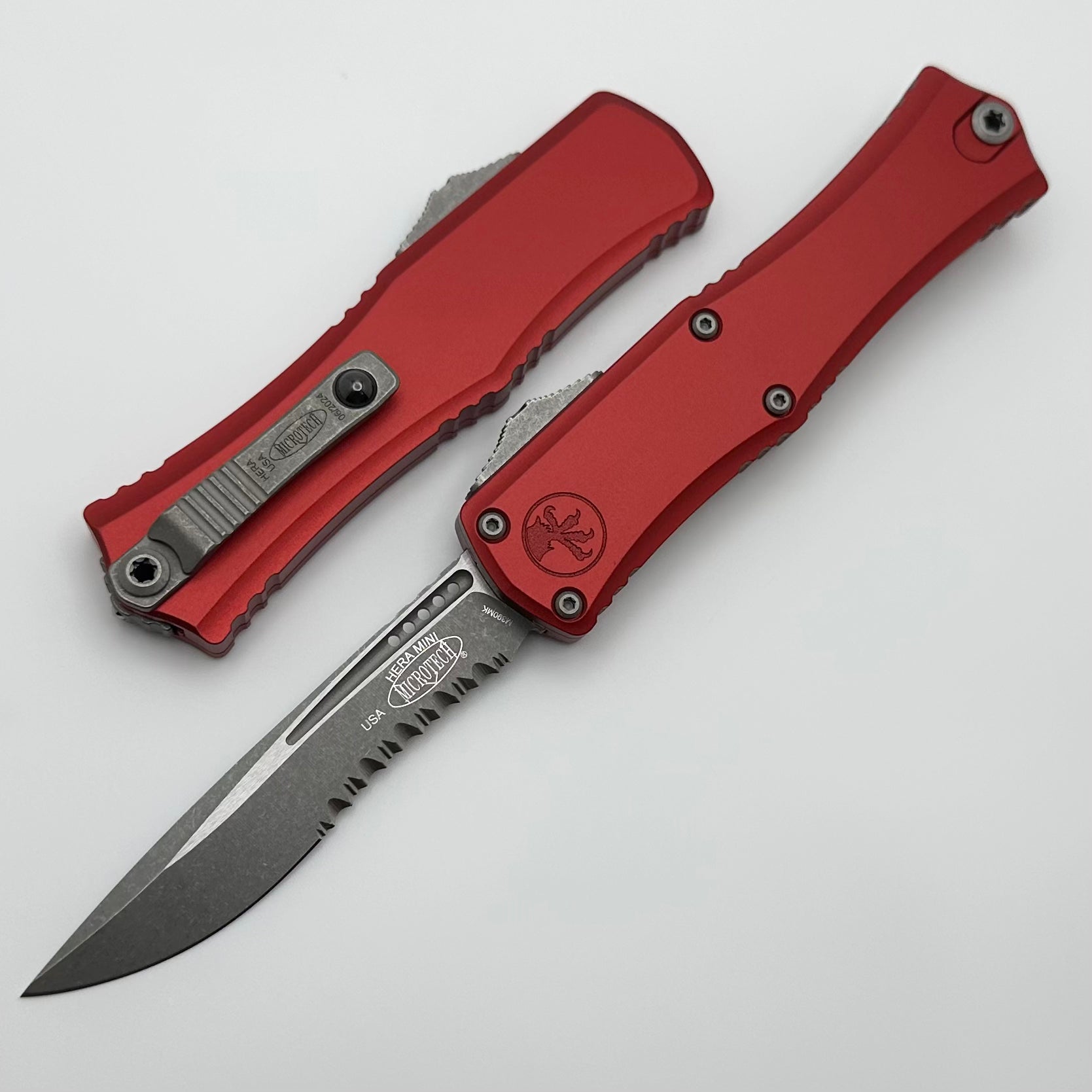 Microtech Knives Hera II Mini Apocalyptic Partial Serrated Recurve M390MK w/ Red Handle 1705M-11APRD