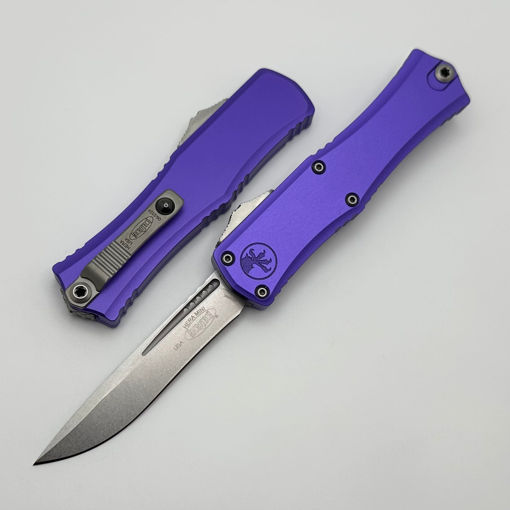 Microtech Knives Mini Hera Stonewash Recurve M390MK w/ Purple Handle 1705M-10PU