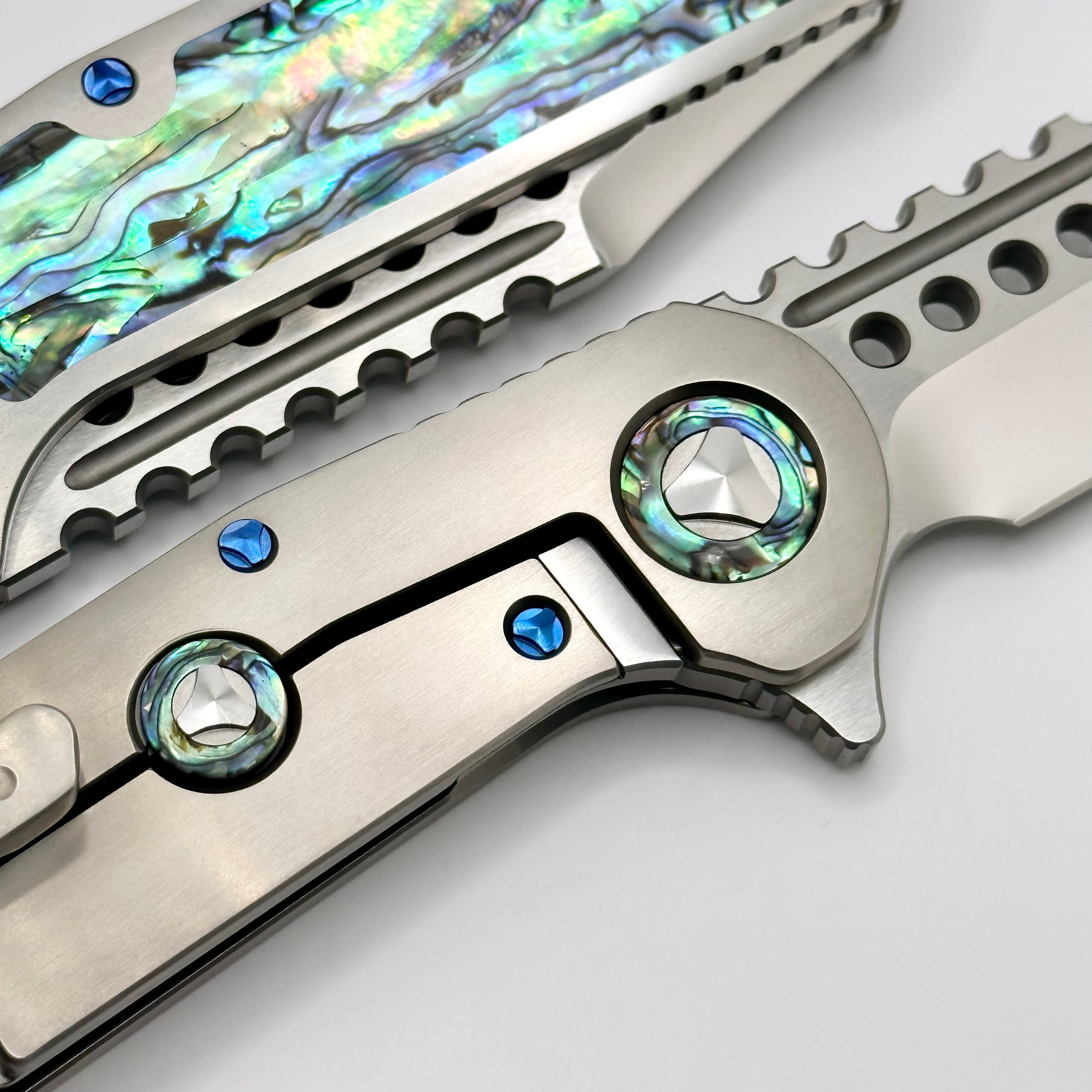 Marfione Custom Knives Warhound Mirror Polish & Abalone Inlaid Satin Titanium Handles w/ Blue Titanium Hardware