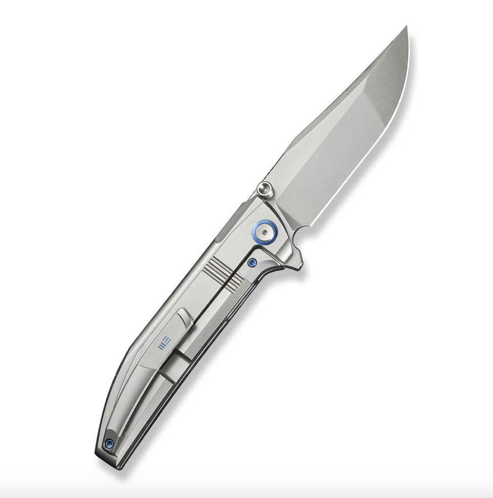 We Knife Ezinta Flipper Polished Bead Blasted Titanium Integral Handle w/ Blue Holes & Polished Bead Blasted M390 WE22041-2