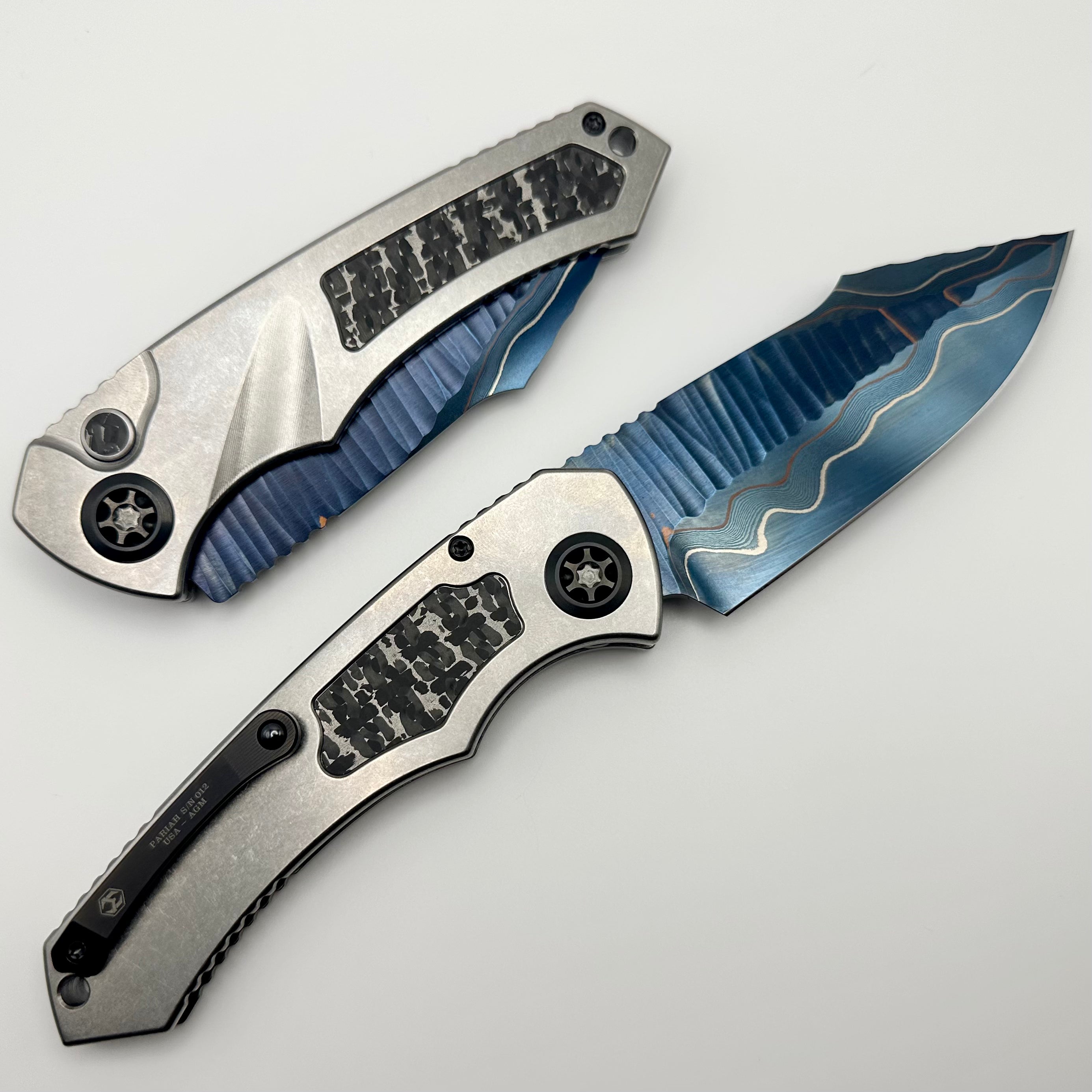 Heretic Knives Pariah Auto Custom Titanium & Fat Carbon Snakeskin Inlays w/ Blued Baker Forge Elite AuroraMai Damascus