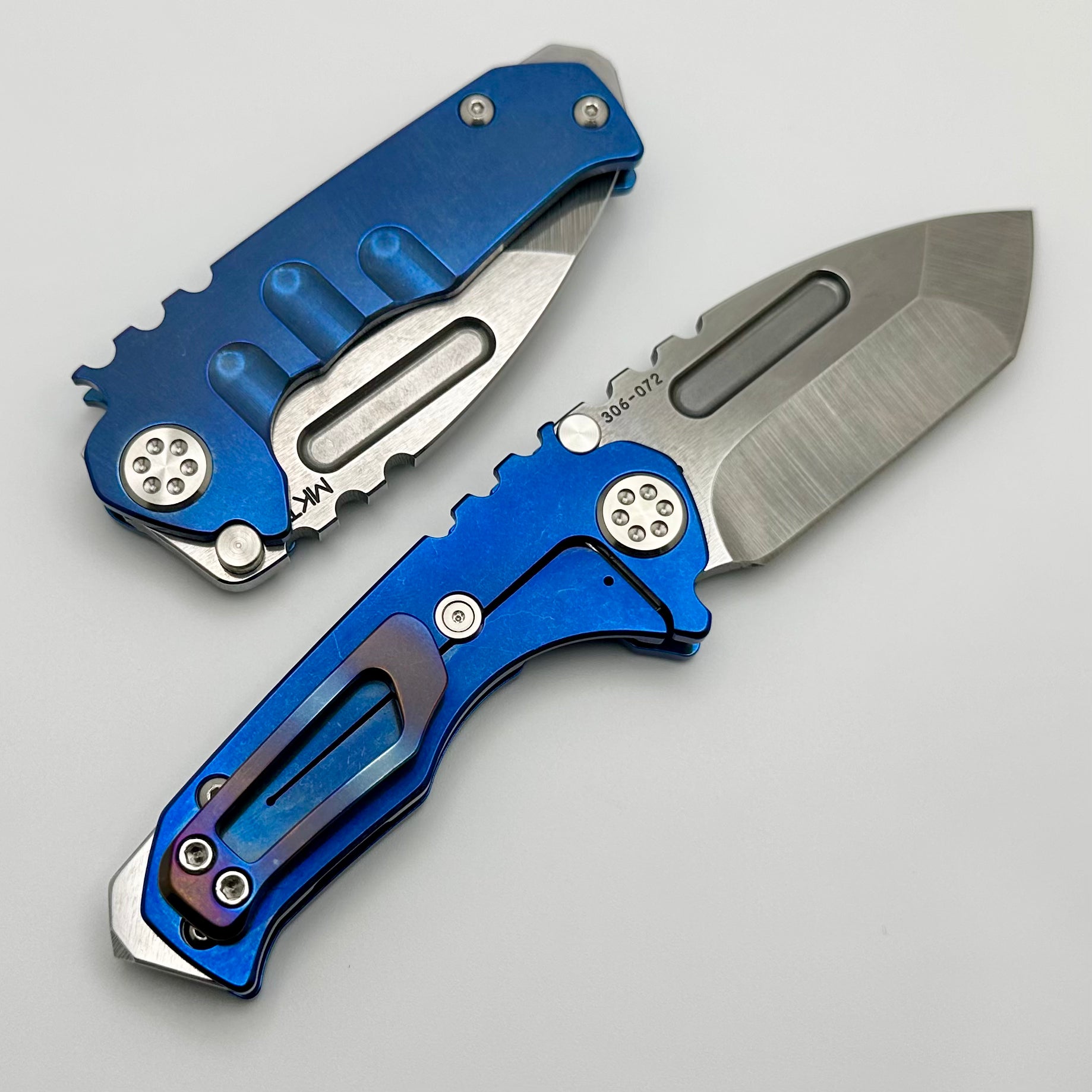 Medford Micro Praetorian T w/ S45 Tumbled Tanto & Blue Tumbled Handles w/ Flamed Clip