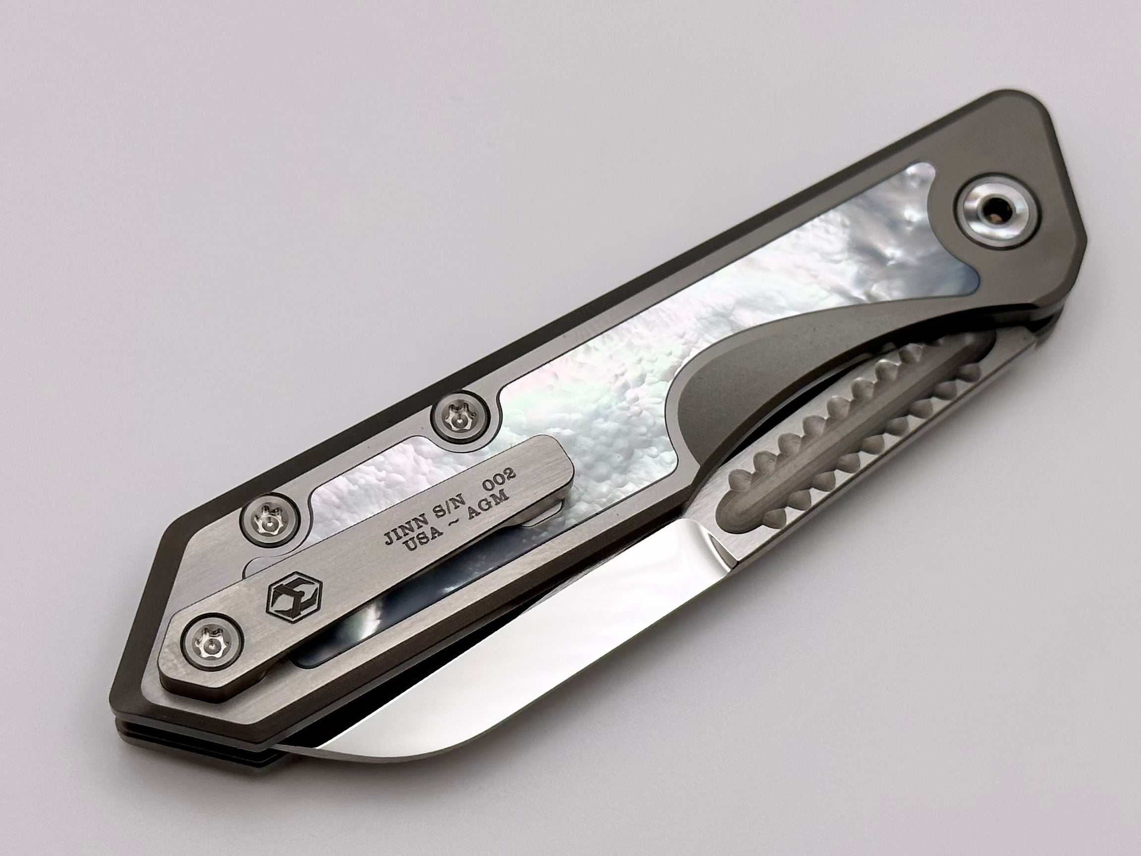 Heretic Knives Jinn Custom Titanium w/ Mother of Pearl Inset & Hand Ground Mirror Polished Elmax