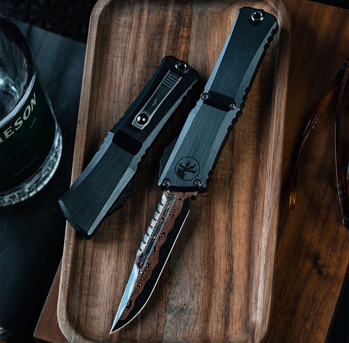 Microtech Knives Combat Troodon Gen III LT Interceptor Baker Forge Raindrop Coppermai Damascus & Black Hefted Handle Signature Series 1217-16MS1