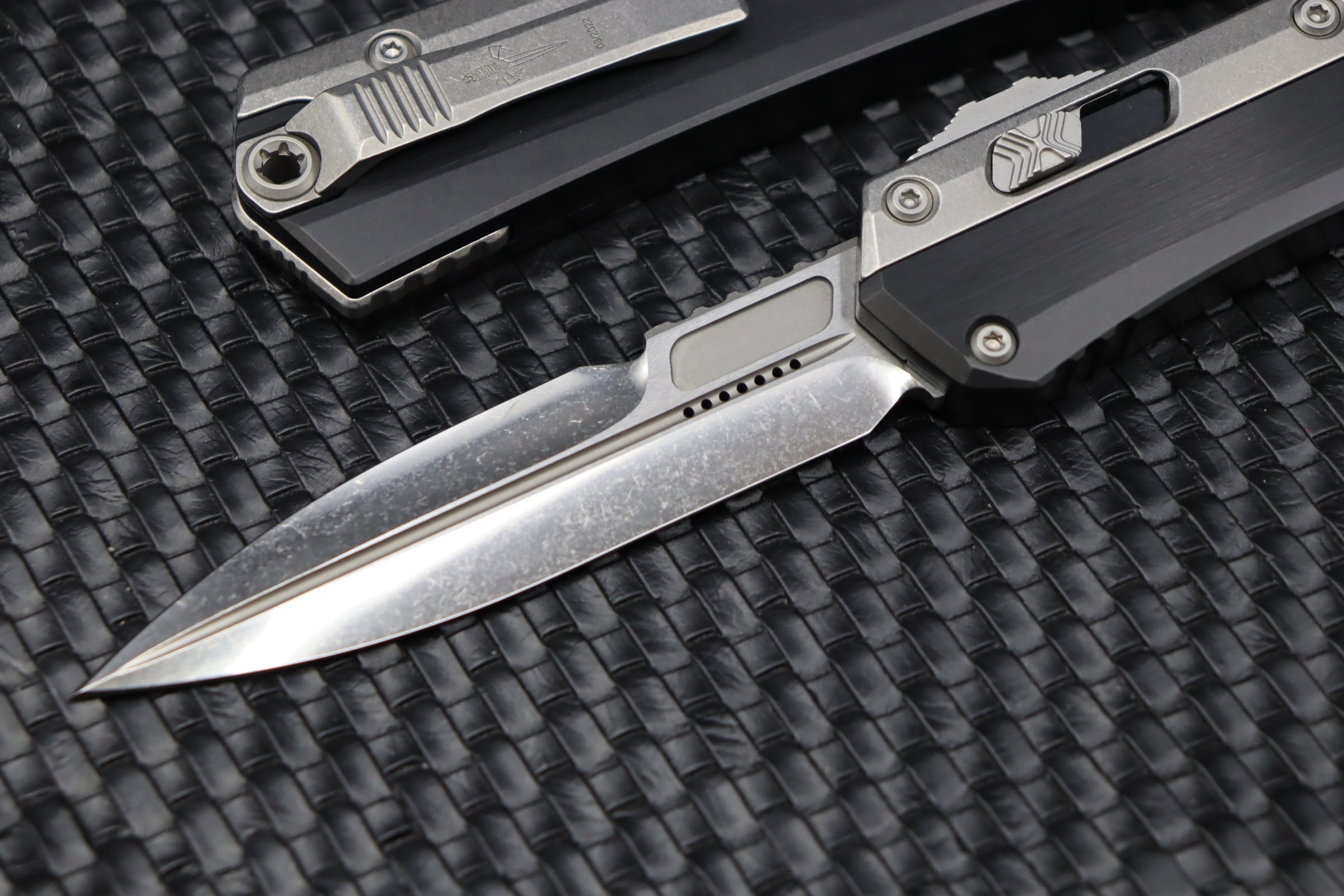 Marfione Custom Knives Glykon Two Tone Stonewash Polished Bayonet w/ Hefted Black Aluminum Handle & Ti Accents