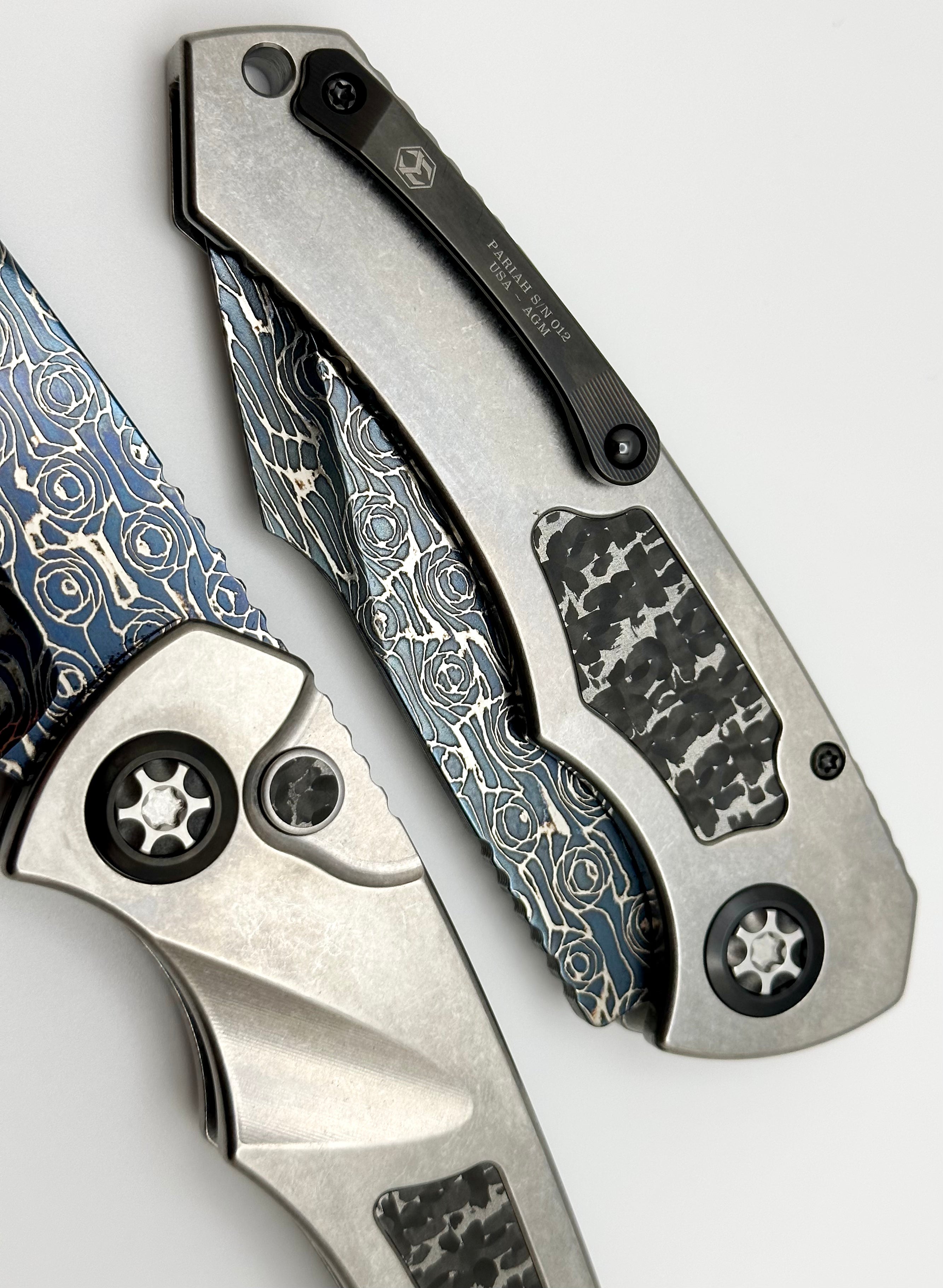 Heretic Knives Pariah Auto Custom Titanium & Silver Snakeskin Inlay w/ Blued Vegas Forge Damascus