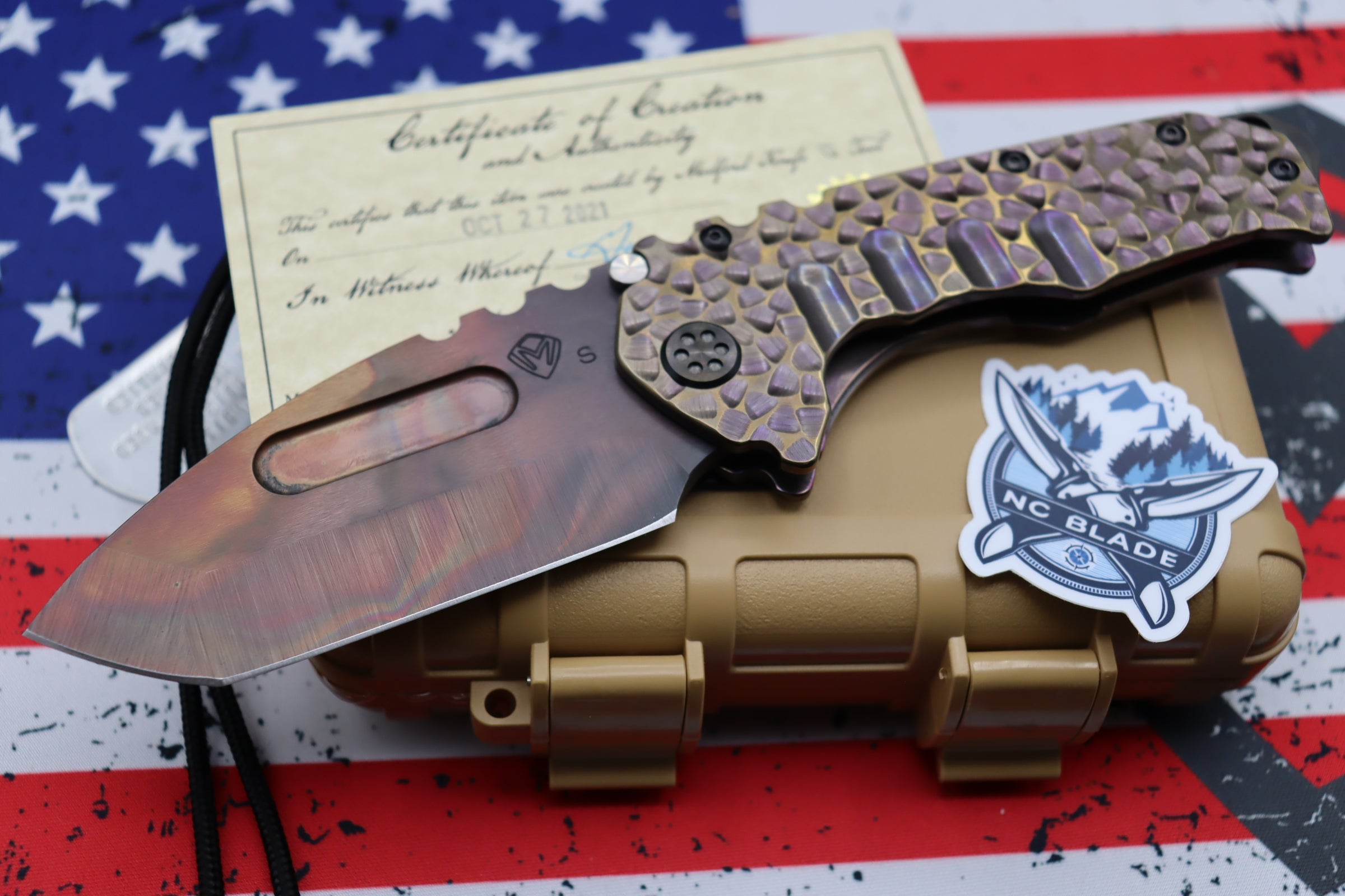 Medford Knife Praetorian T Peaks & Valleys Violet-Bronze Fade & Flamed Hardware with S35 Vulcan Tanto 106-186