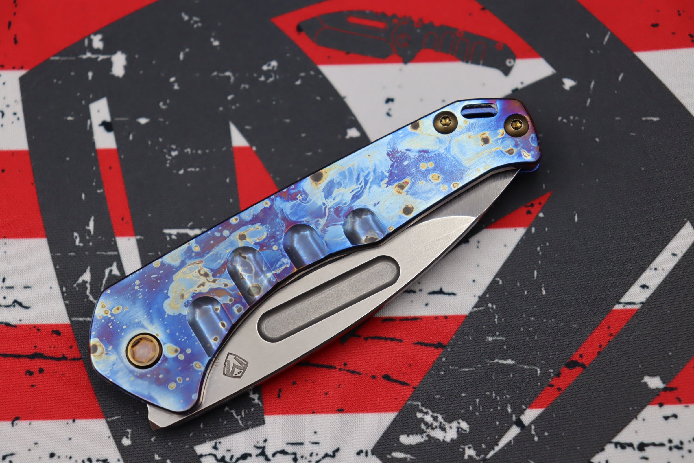 Medford Praetorian Slim S35VN Tumbled Drop Point & Faced/Flamed Galaxy Handle w/ Blue Spring & Bronze Hardware/Clip