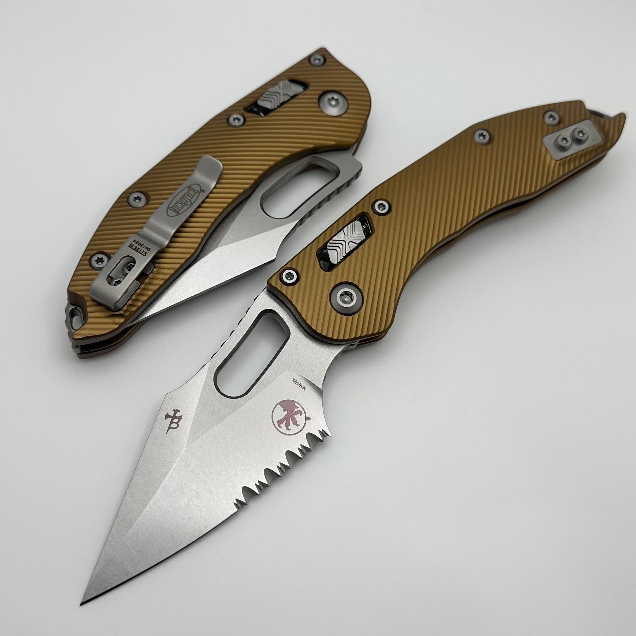 Microtech Knives Manual Stitch RAM LOK Fluted Tan Aluminum & Partial Serrated M390MK 169RL-11FLTA