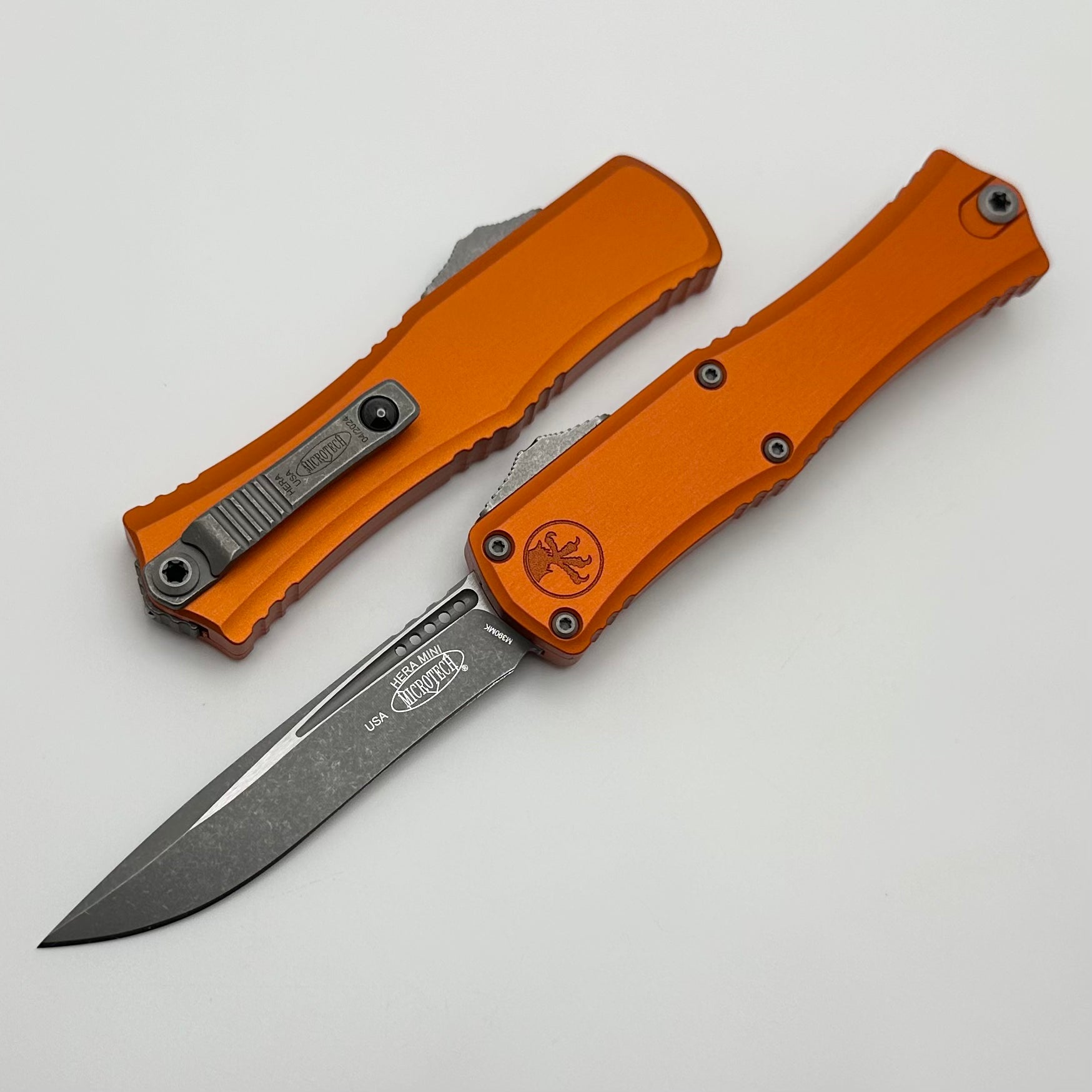 Microtech Knives Mini Hera Apocalyptic Recurve M390MK w/ Orange Handle 1705M-10APOR