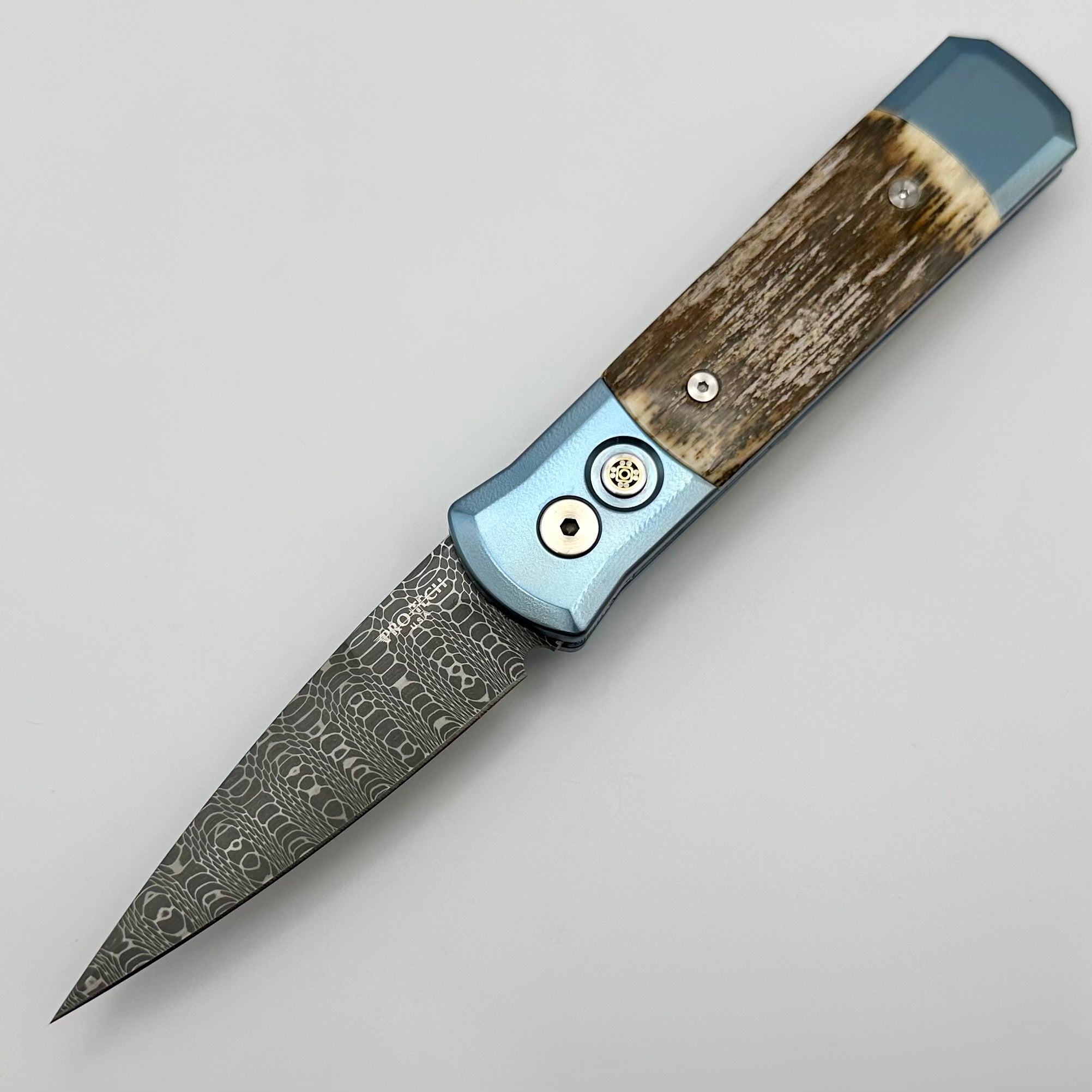 Pro-Tech Godson Blue Orange Peel & Ancient Bark Mastodon Inlays w/ Mosaic Button & Nichols Damascus Blade 2024 Godson 005