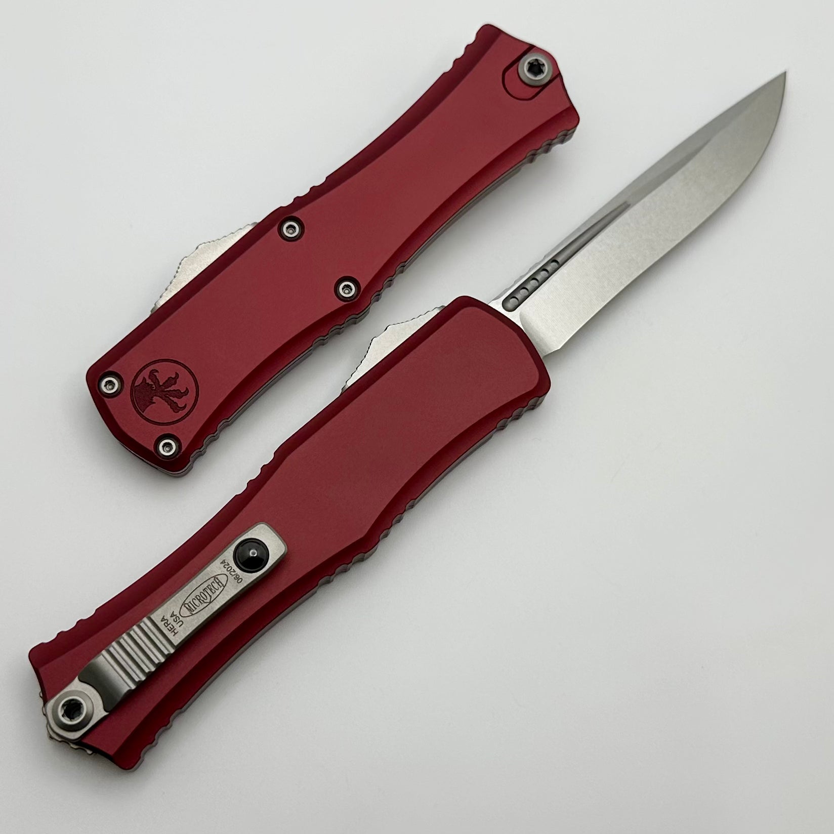 Microtech Knives Mini Hera Stonewash Recurve M390MK w/ Merlot Handle 1705M-10MR