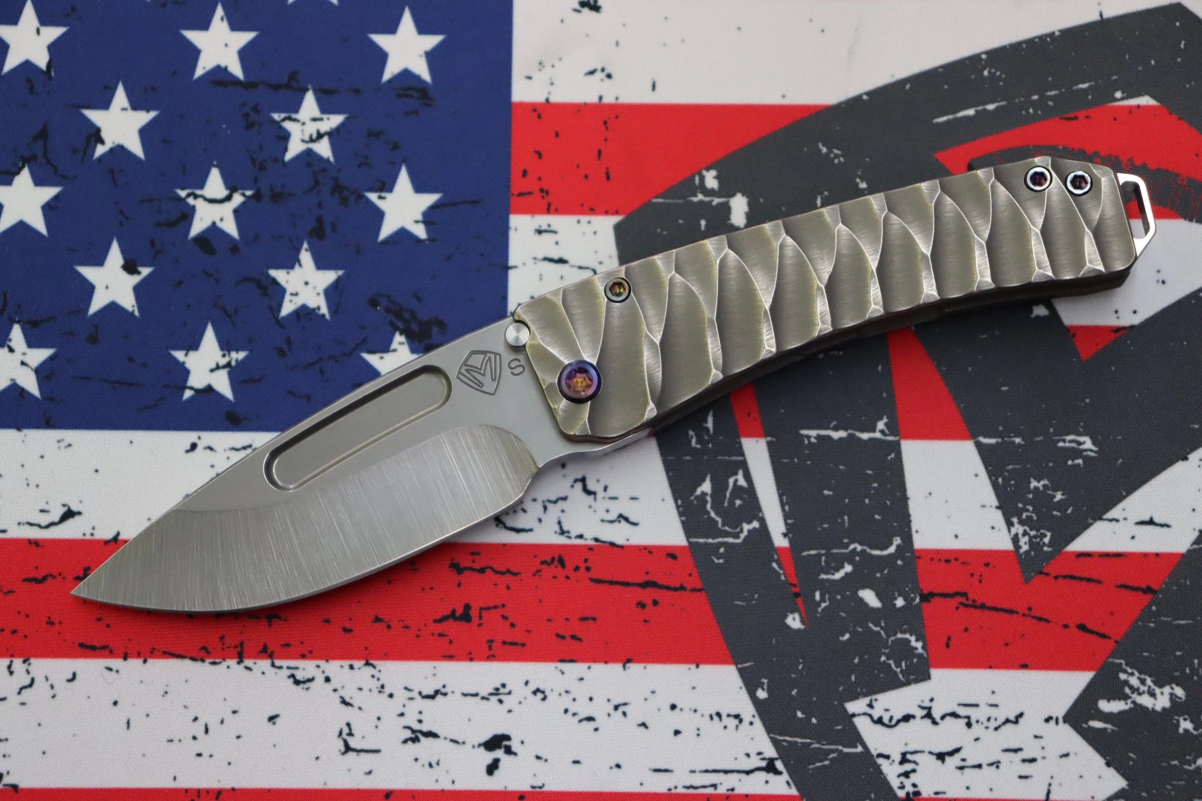 Medford Midi Marauder Tumbled S35 Drop Point & Bead Blast/Brushed Silver Predator Sculpted Handles w/ Flamed Hardware/Clip