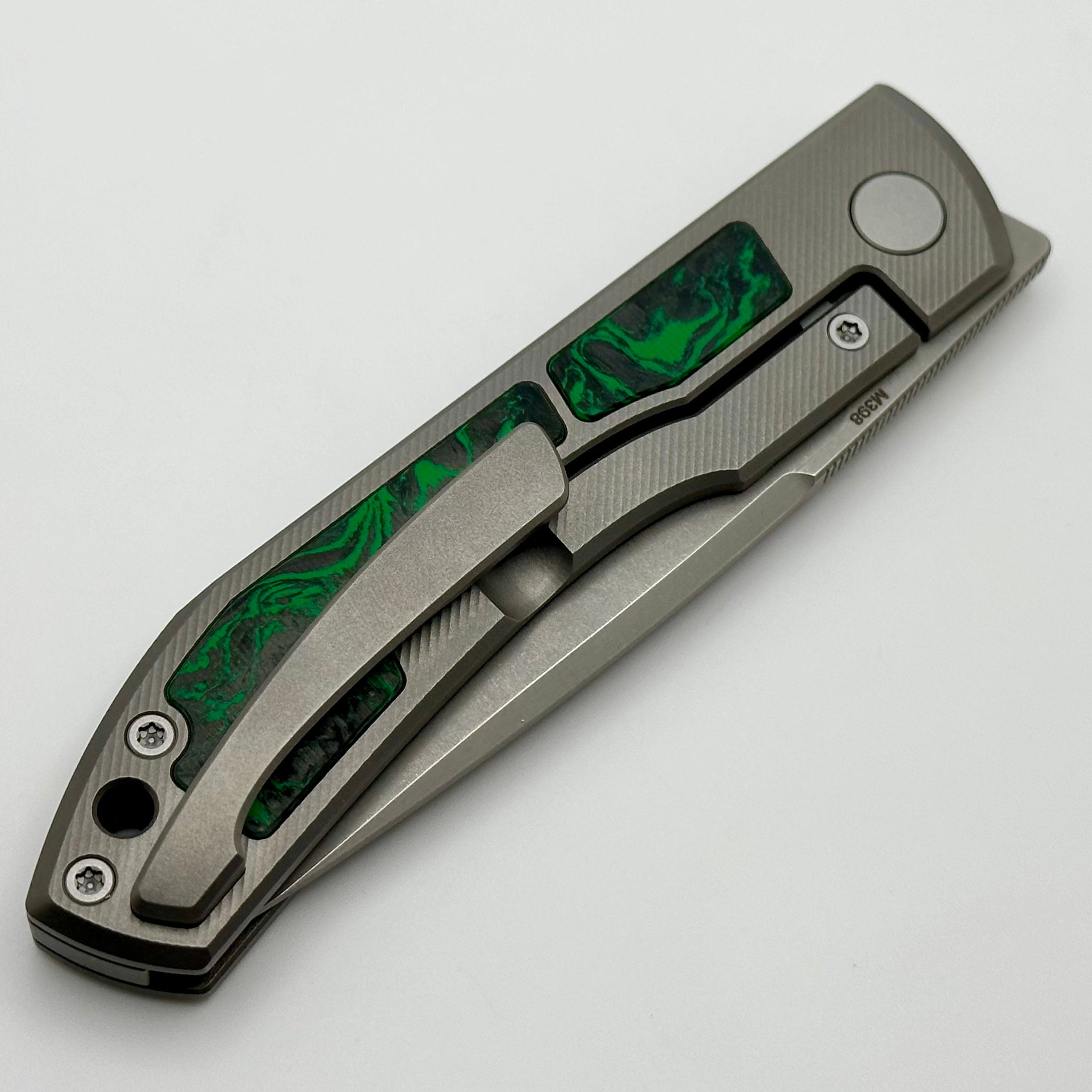 Uldanov Custom Knives Sierra w/ Milled Titanium/Green Dark Matter Carbon Fiber Inlays & M398 Front Flipper #67