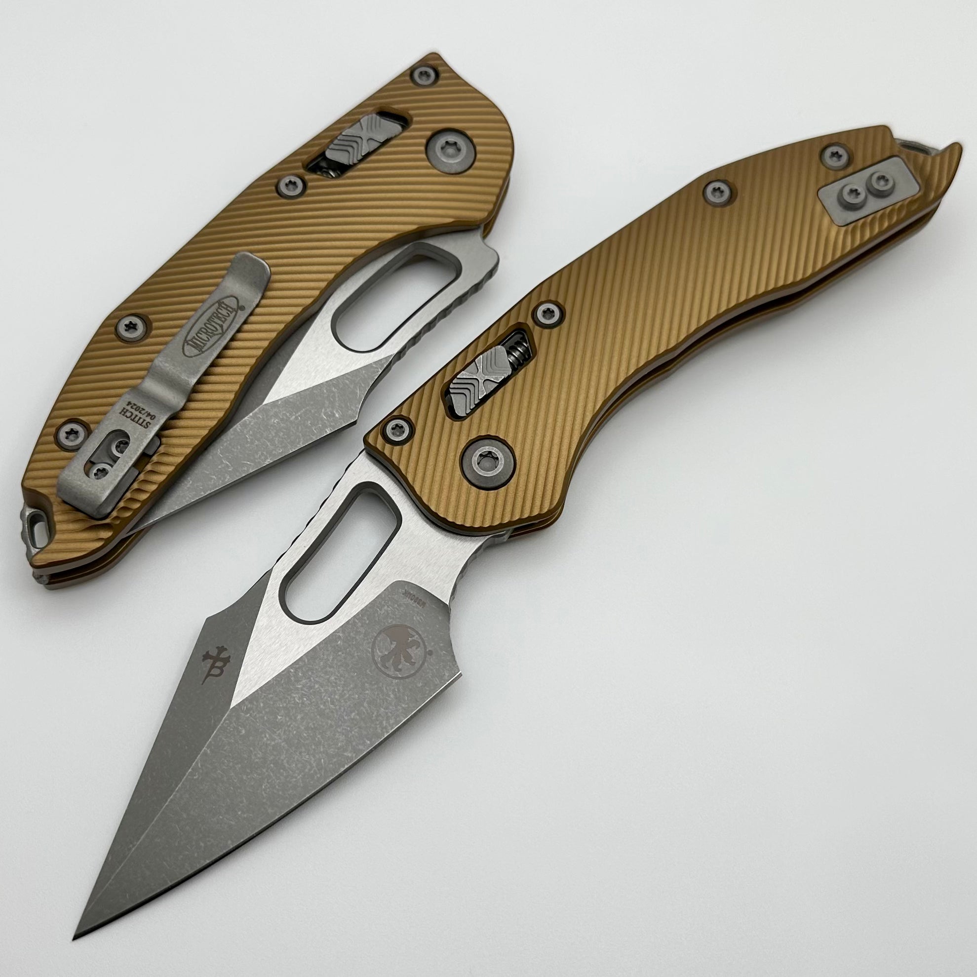 Microtech Knives Manual Stitch RAM LOK Fluted Tan Aluminum Apocalyptic Standard & M390MK 169RL-10APFLTA