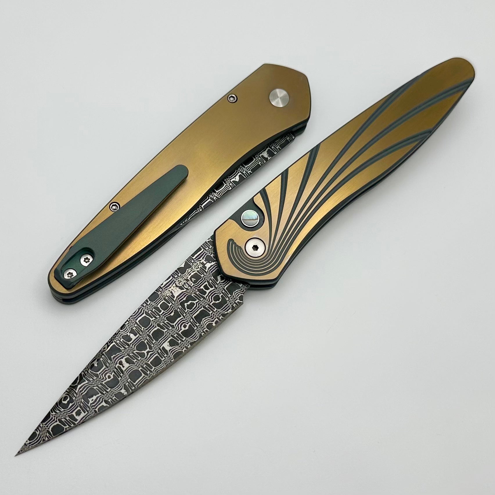 Pro-Tech Newport 2 Tone Green/Bronze Milled Ti w/ Abalone Button & Damascus 2024 Custom 001