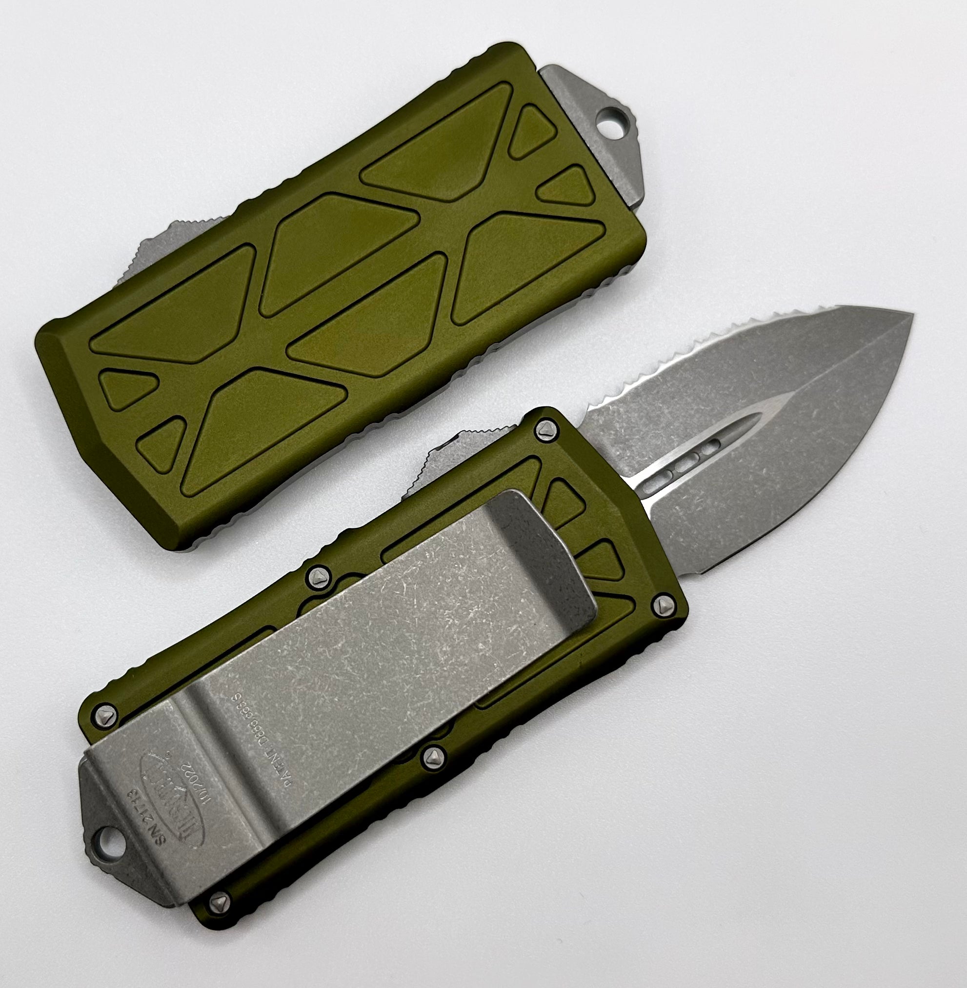 Microtech Exocet Double Edge Apocalyptic Full Serrated & OD Green 157-12APOD