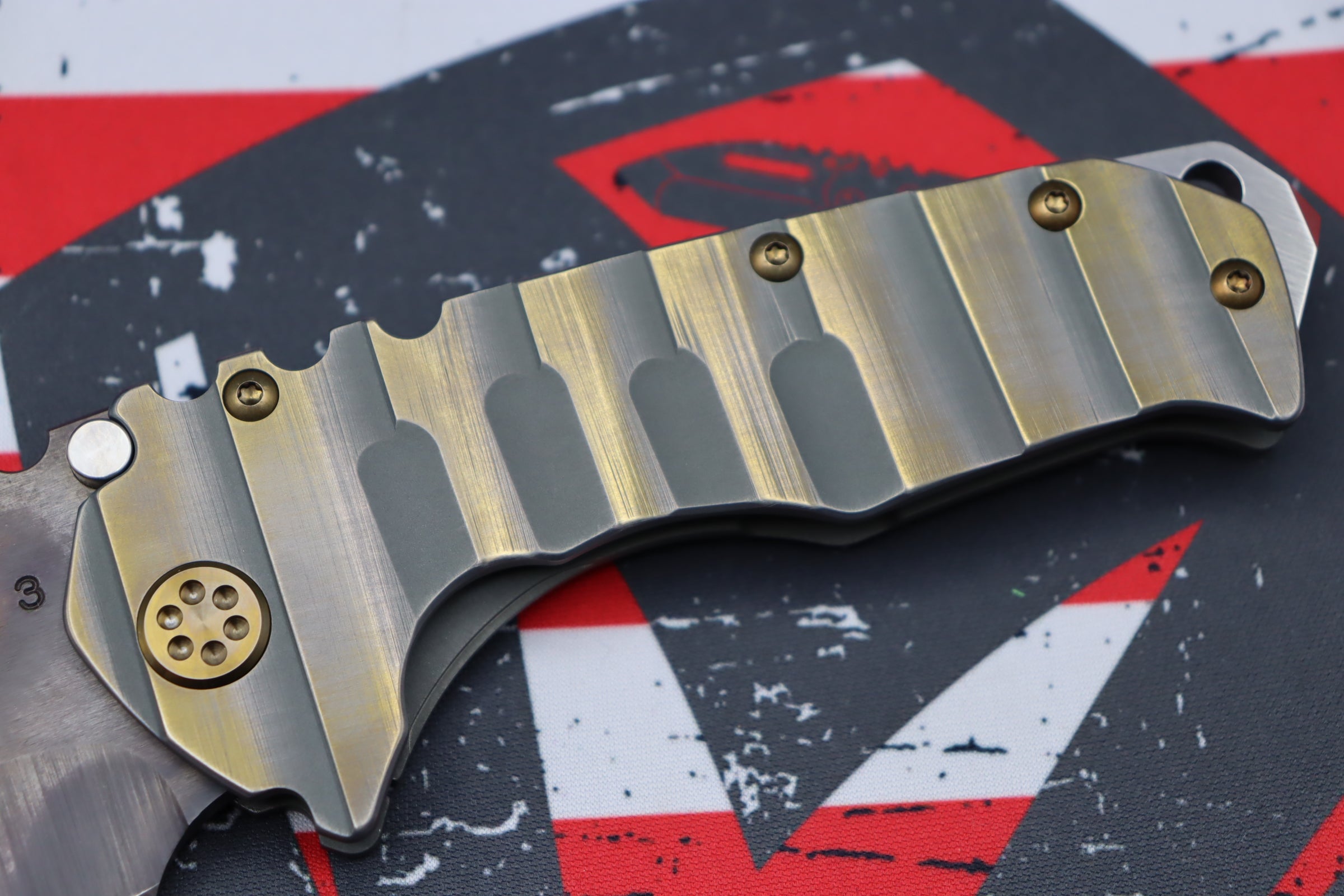 Medford Knife Praetorian T 3V Vulcan Drop Point w/ Cement/Bronze Armadillo Sculpted Handles