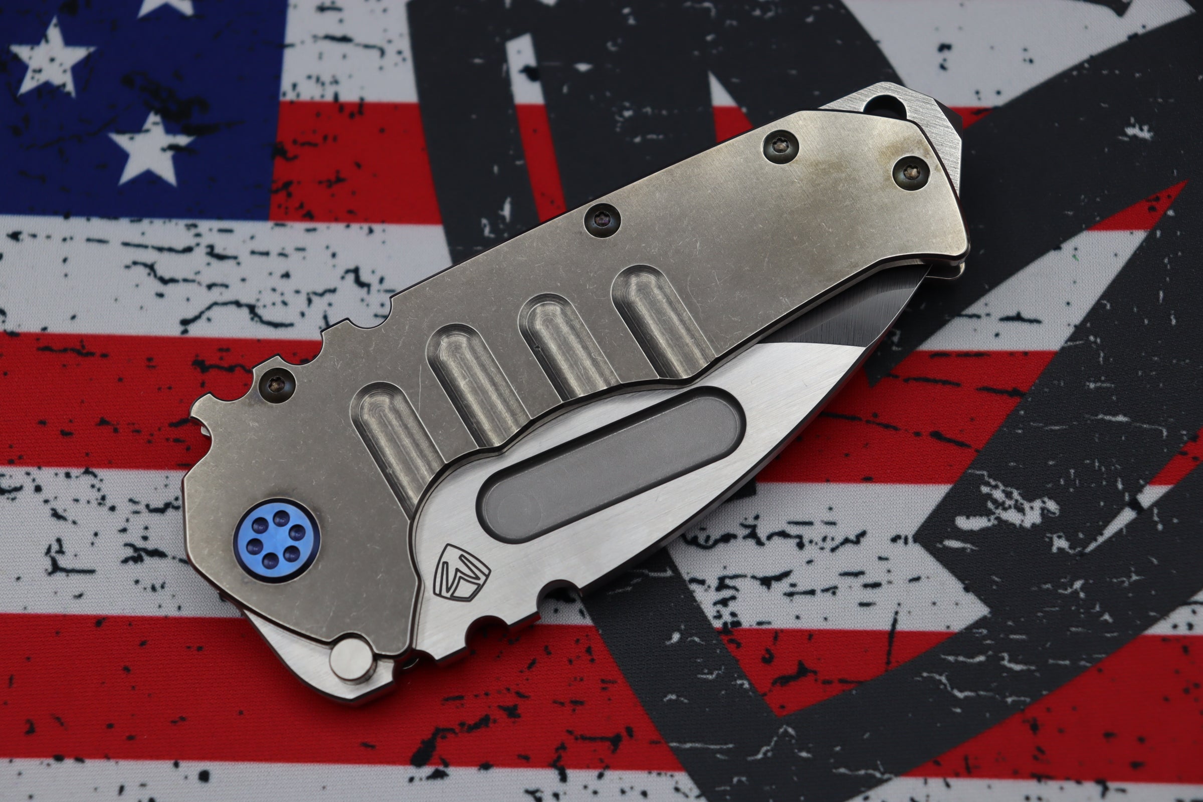 Medford Knife Praetorian T Drop Point Tumbled S35 & Tumbled Handles w/ Blue Hardware/Clip