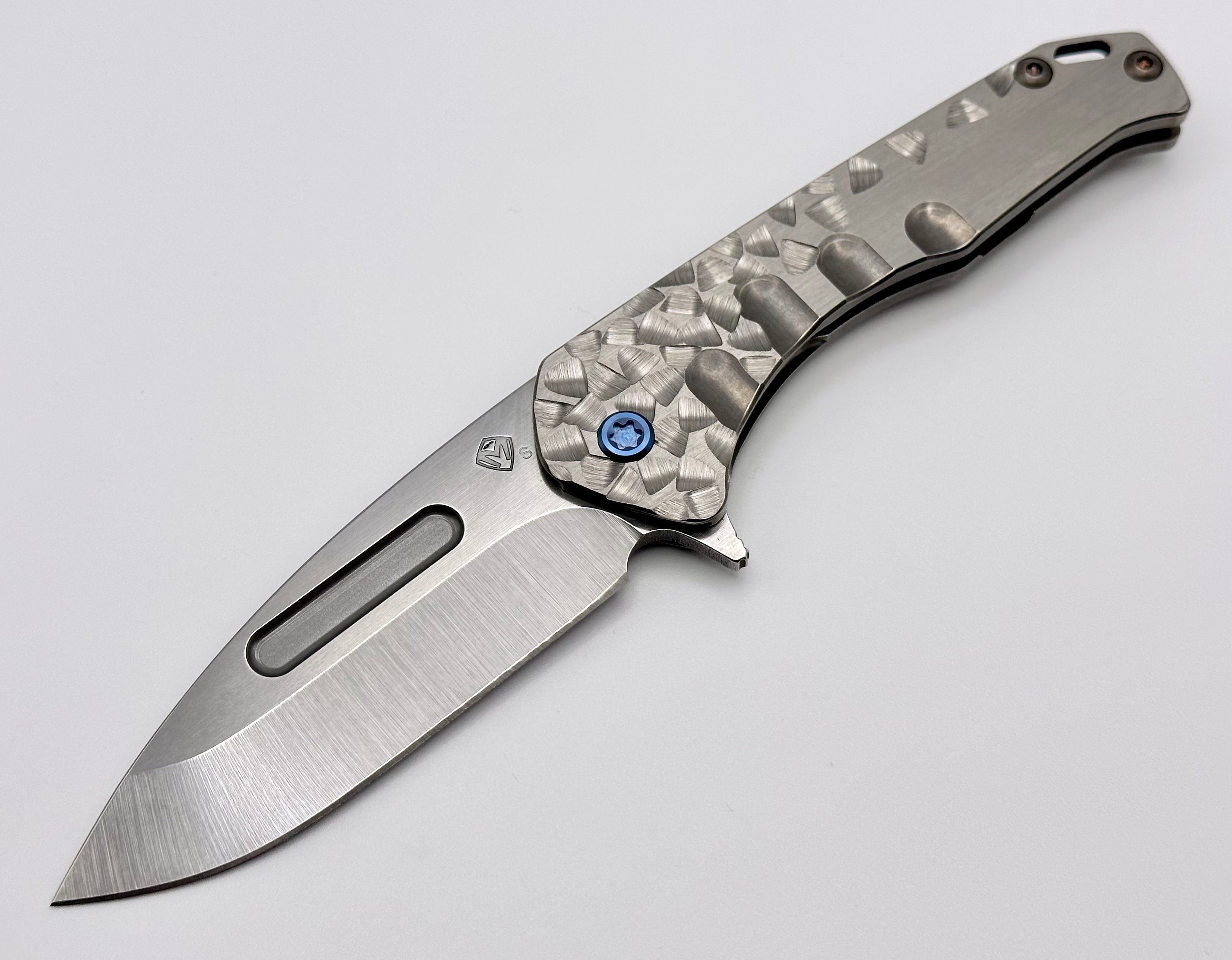 Medford Praetorian Slim Flipper S35VN Tumbled Drop Point & Falling Leaf Sculpted Handles w/ Blue Hardware/Clip