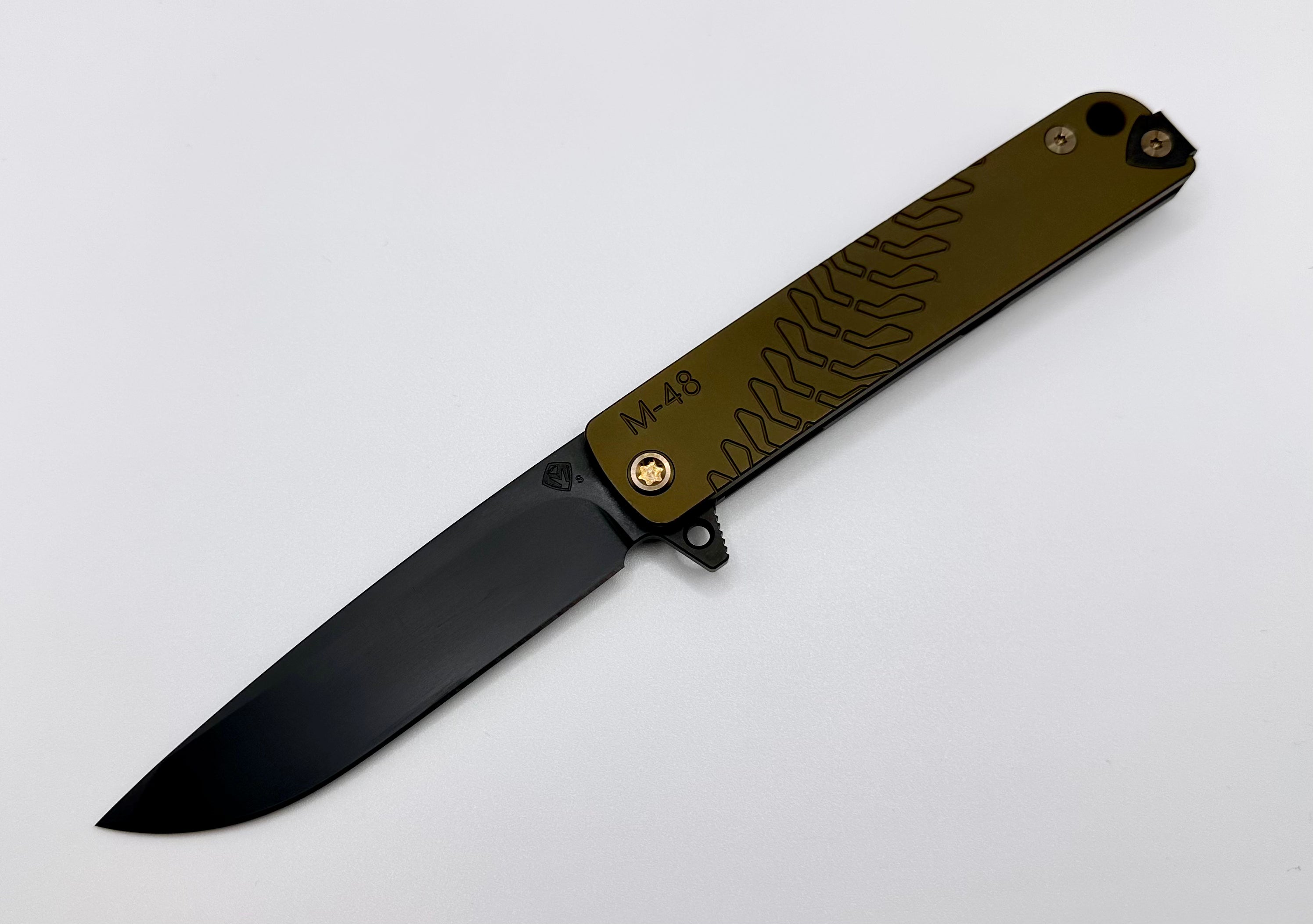 Medford M-48 PVD S35VN w/ Mustard Green Aluminum Handle w/ PVD Spring & Bronze Hardware w/ PVD Clip