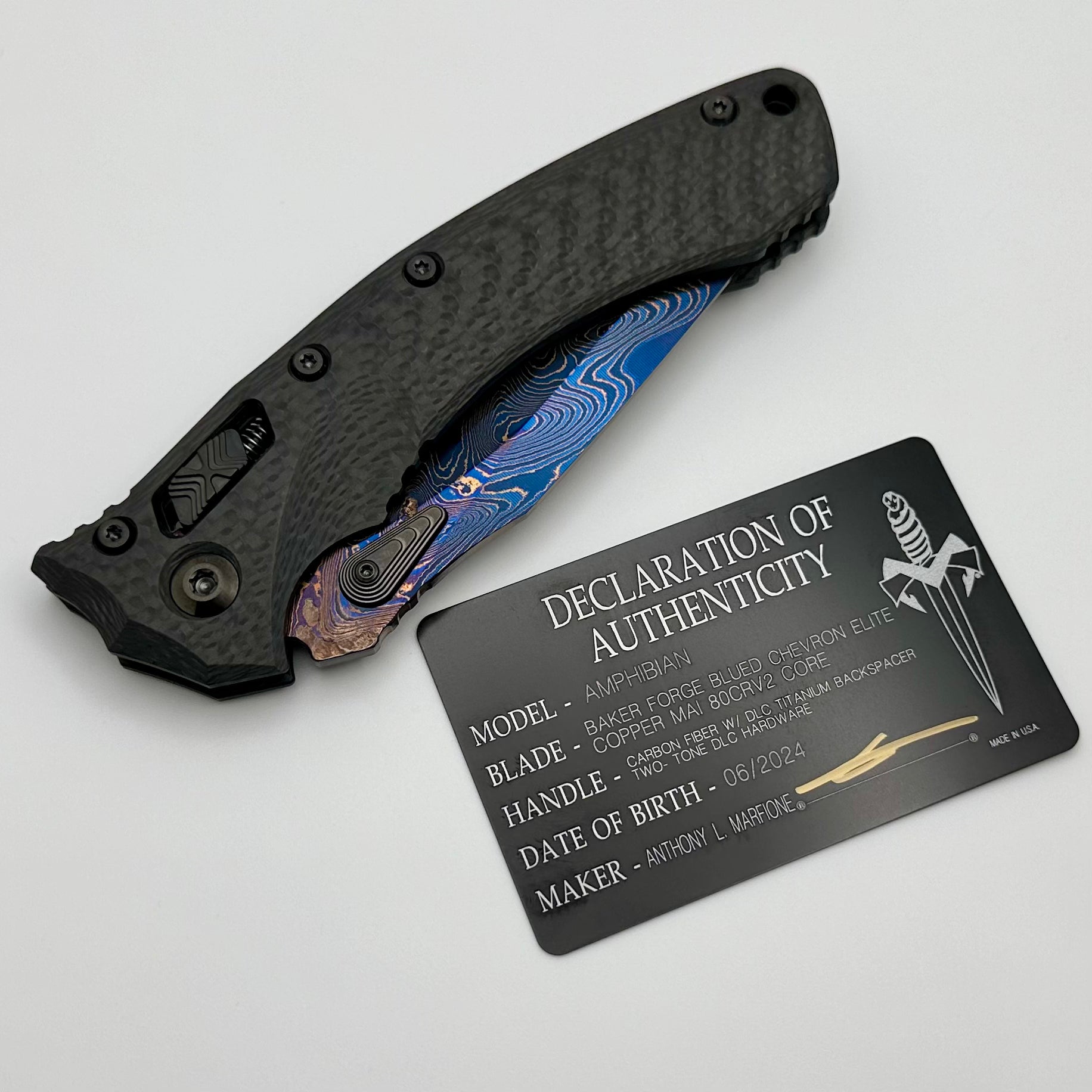 Microtech Knives Amphibian RAM-LOK Baker Forge Blued Chevron Elite Copper Mai & Carbon Fiber Handles w/ DLC Two Tone Hardware Signature Series 137RL-16MS3