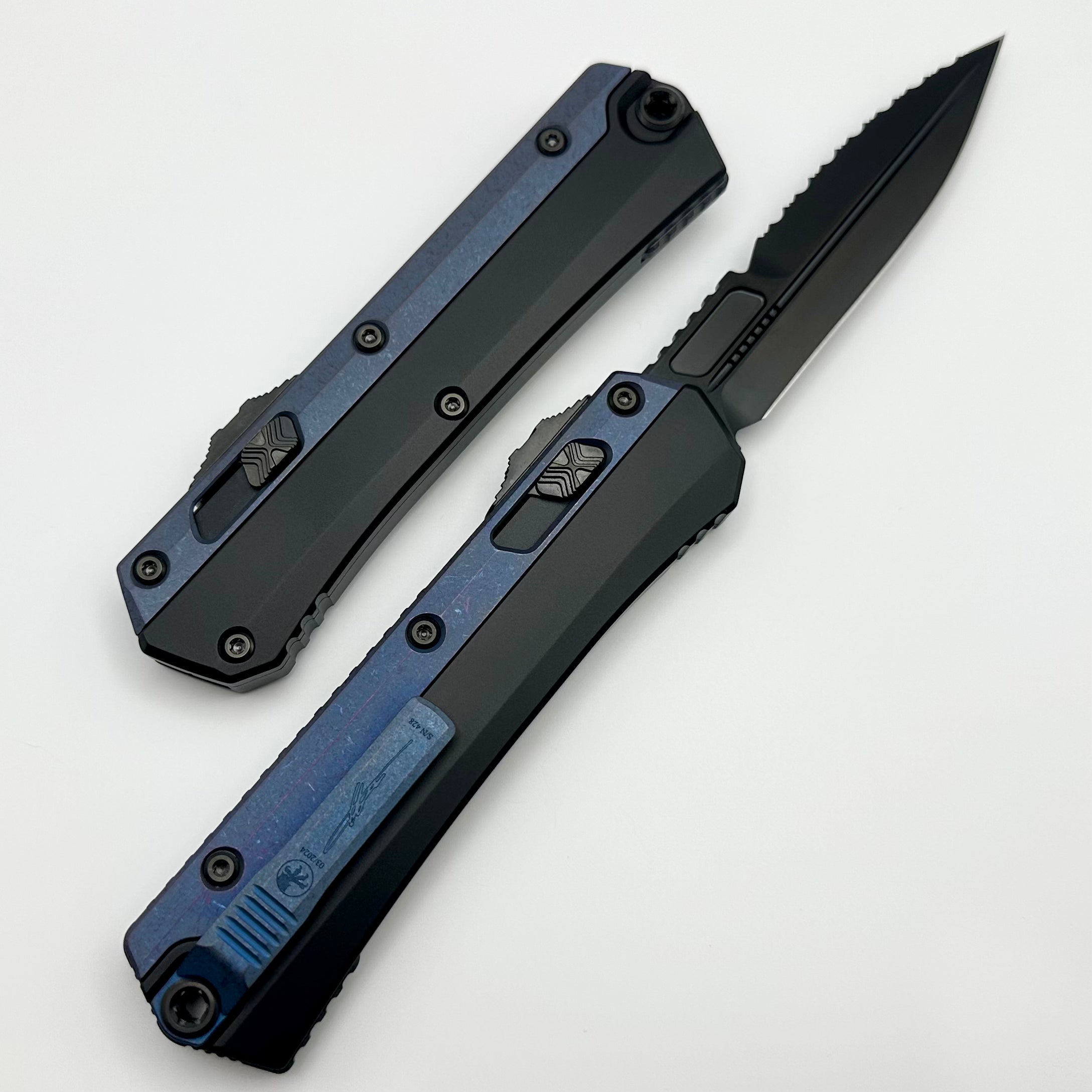 Microtech Glykon DLC Bayonet Part Serrated w/ Blurple Anodized Accents Signature Series 184-2DLCBP