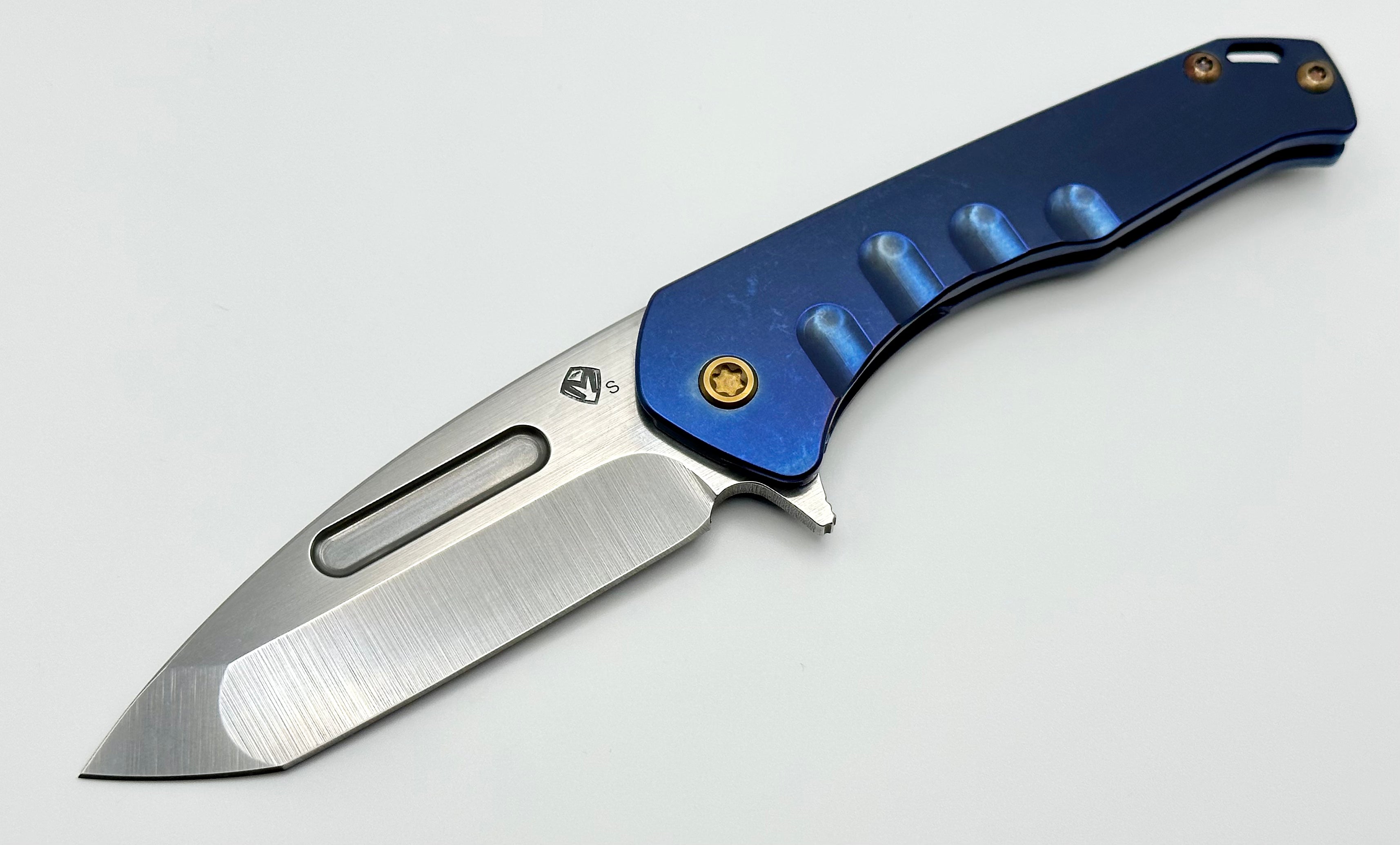 Medford Praetorian Slim Flipper S35VN Tumbled Tanto & Blue Handles w/ Bronze Hardware/Clip