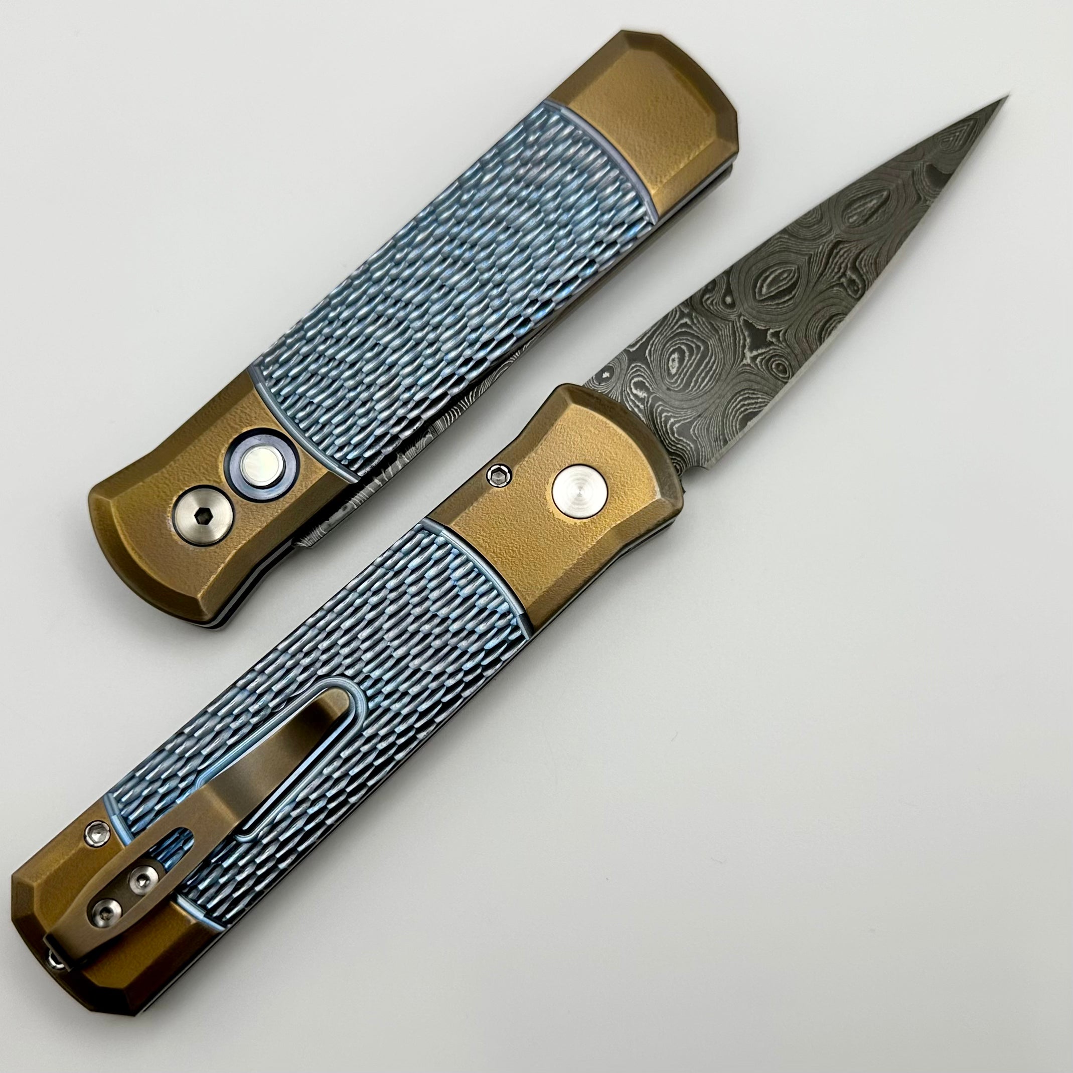 Pro-Tech Godson Bronze Ti Bolsters & Blue Jigged Ti w/ Pearl Button & Nichols Damascus Blade 2024 Godson Custom.004