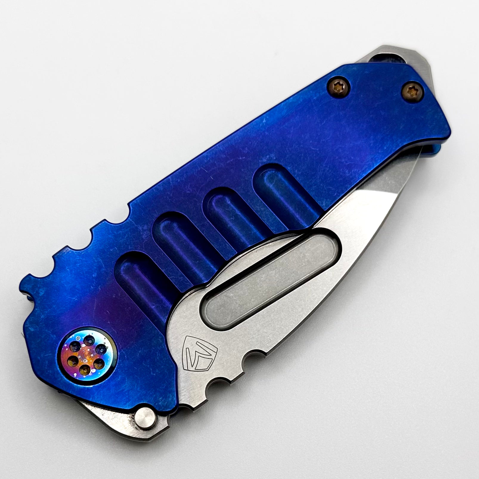 Medford Praetorian Genesis T Blue Tumbled Handles w/ Flamed Hardware & Galaxy Clip w/ S45VN Tumbled Tanto