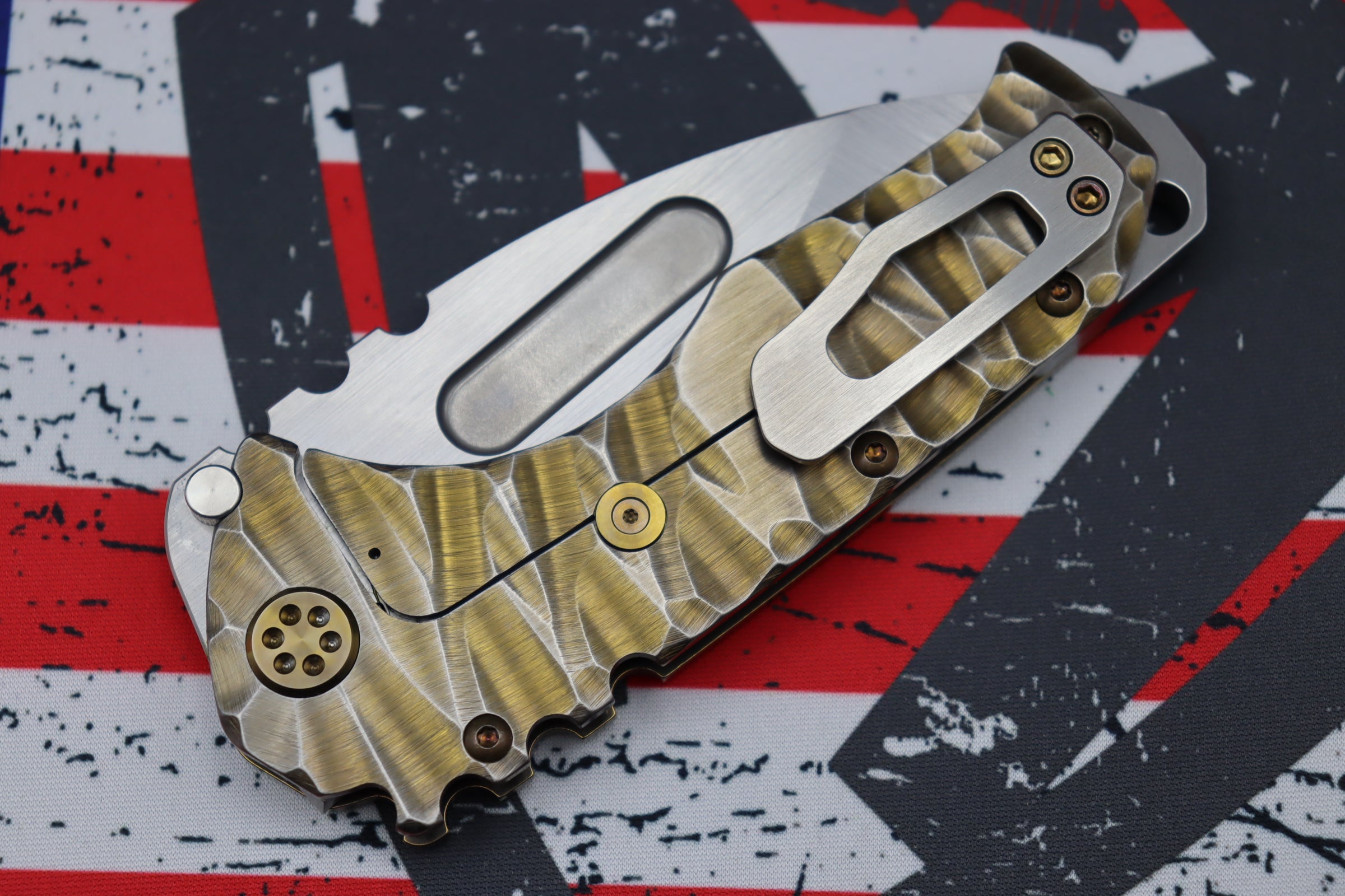 Medford Knife Praetorian T Drop Point Satin S35 & Bronze w/ Brushed Silver Predator Sculpted Handles & Bronze Hardware/Clip