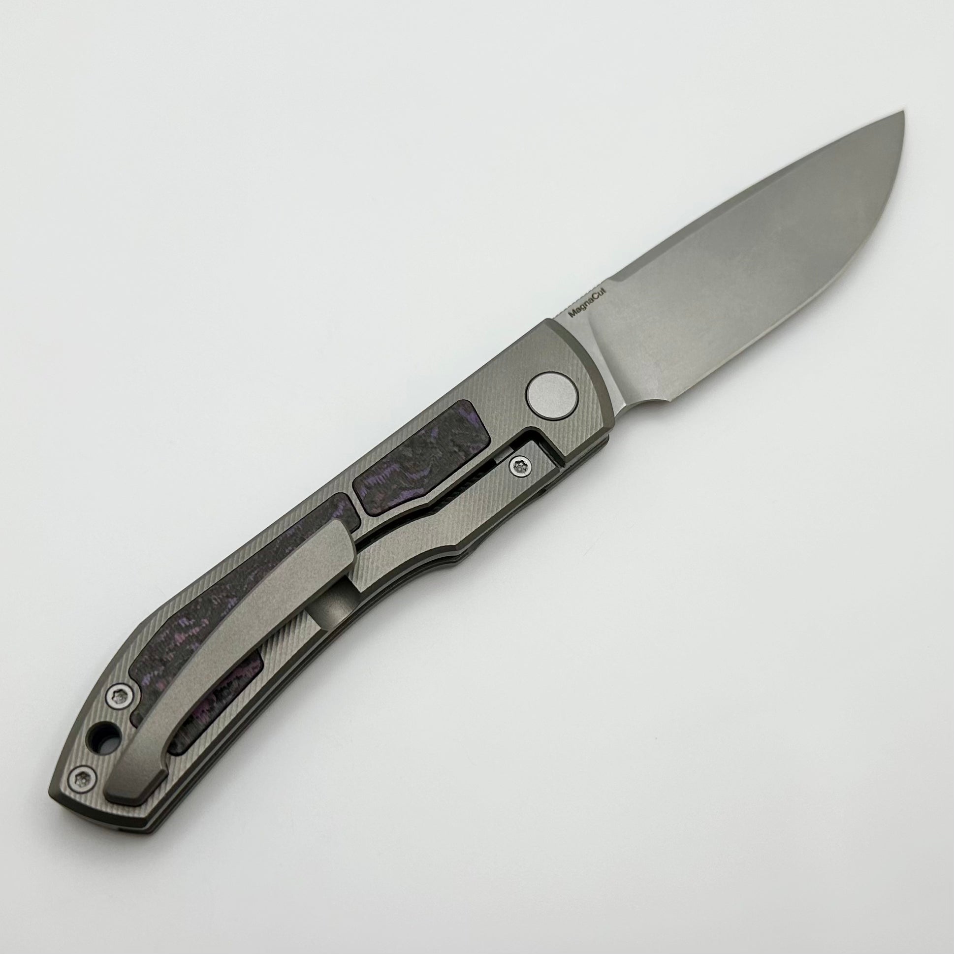 Uldanov Custom Knives Sierra w/ Milled Titanium/Purple Haze Carbon Fiber Inlays & MagnaCut Front Flipper #75