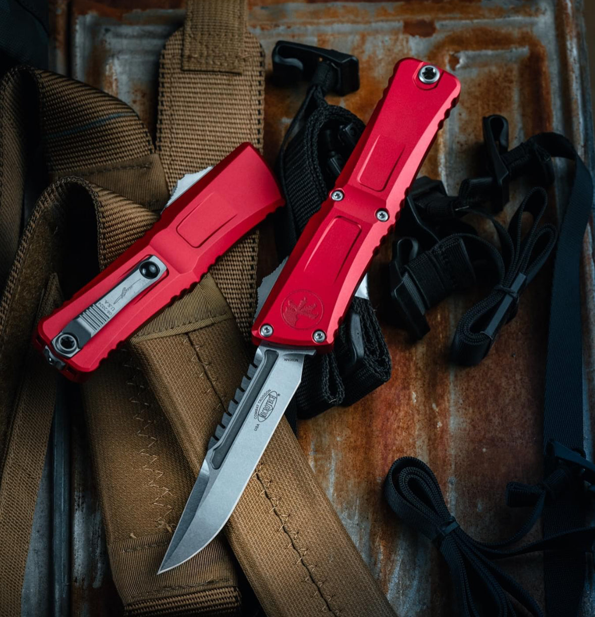 Microtech Knives Combat Troodon Gen III Stonewash Interceptor w/ Red Handle Signature Series 1217-10RDS