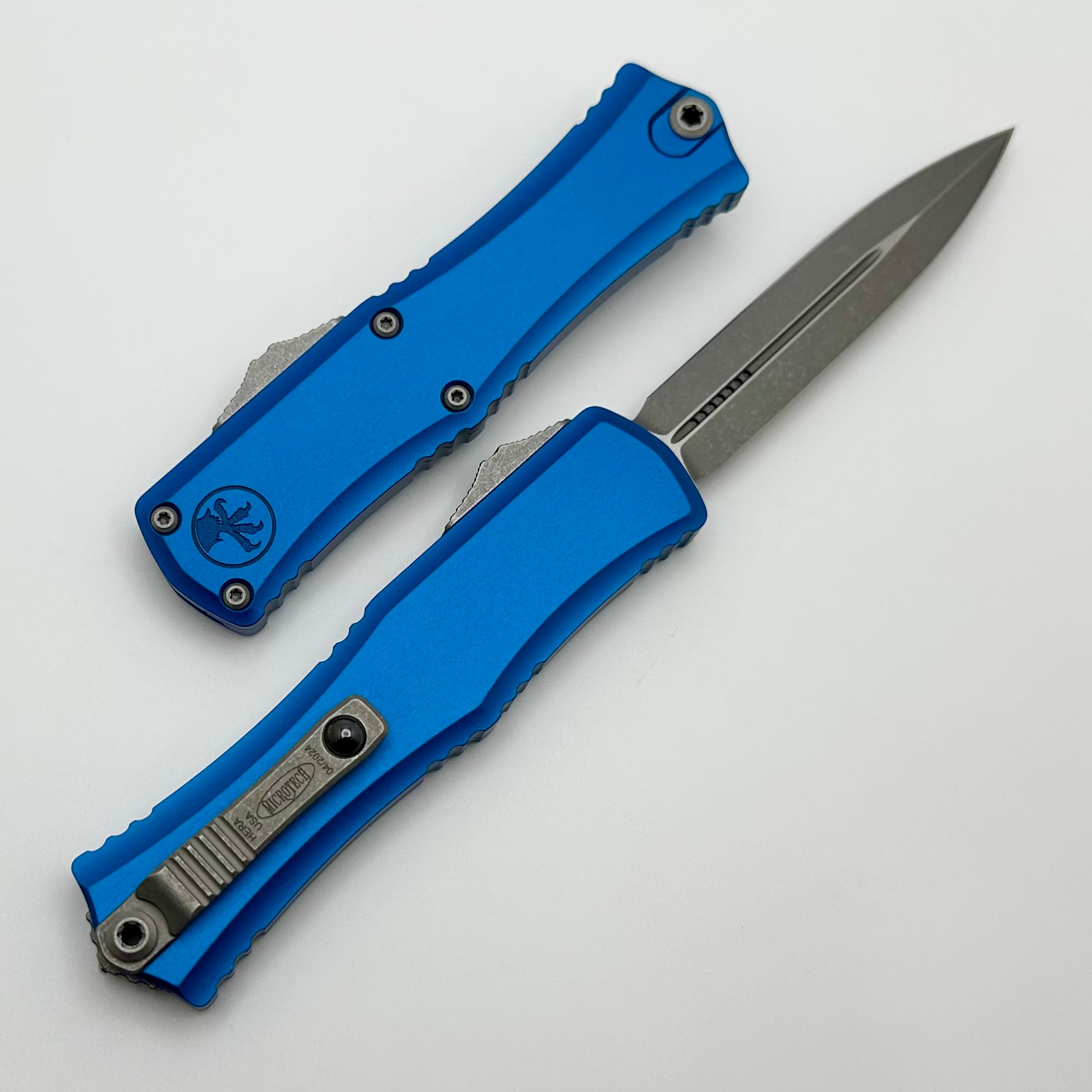 Microtech Knives Mini Hera Apocalyptic Double Edge M390MK w/ Blue Handle 1702M-10APBL