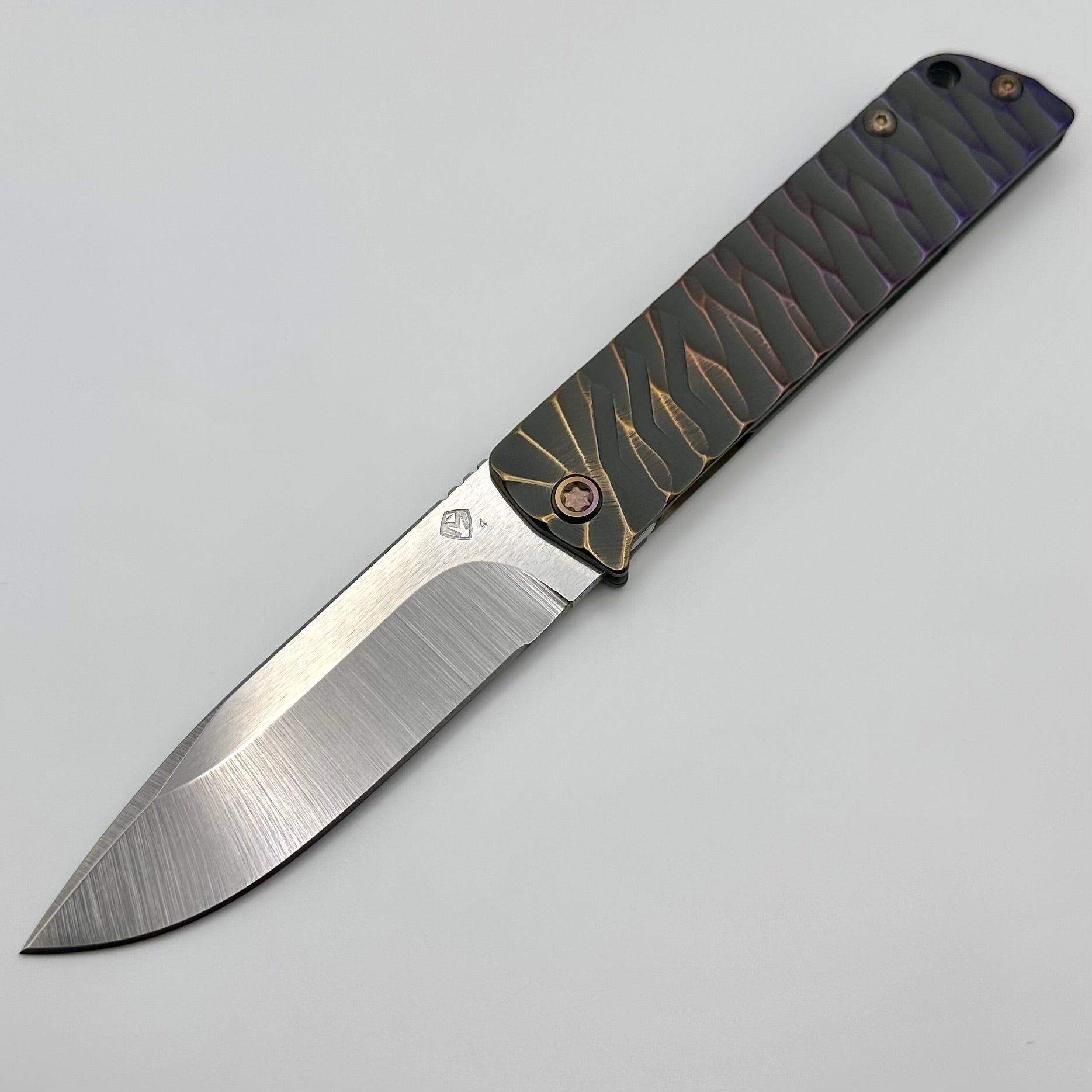 Medford Antik Front Flipper Tumbled S45 Drop Point & Bronze/Violet Predator Sculpted Titanium Handles