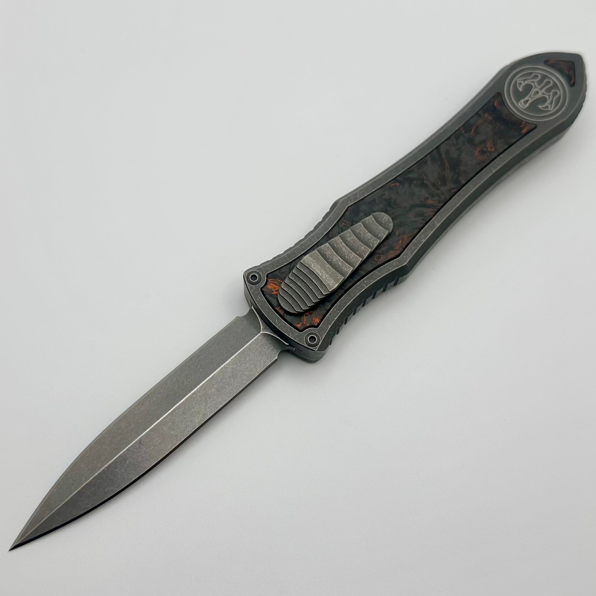 Hawk Designs Model C Deadlock Titanium w/ Orange Carbon Fiber & Stonewash MagnaCut Blade