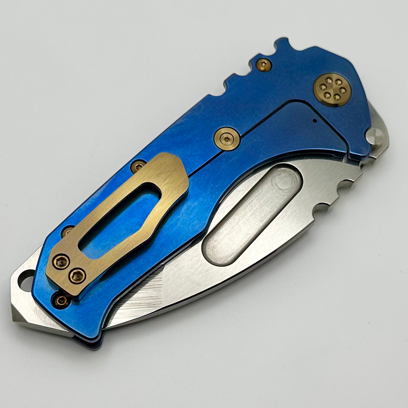 Medford Knife Praetorian T Tumbled S45 Tanto & Acid Etch Flamed/Blue Handles w/ Bronze Hardware/Clip