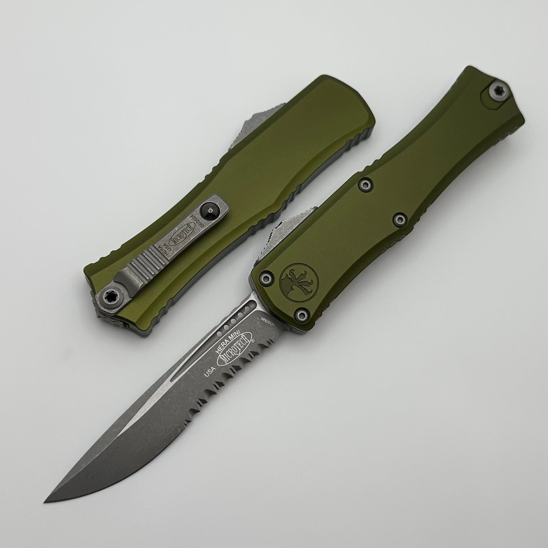 Microtech Knives Hera II Mini Apocalyptic Partial Serrated Recurve M390MK w/ OD Green Handle 1705M-11APOD