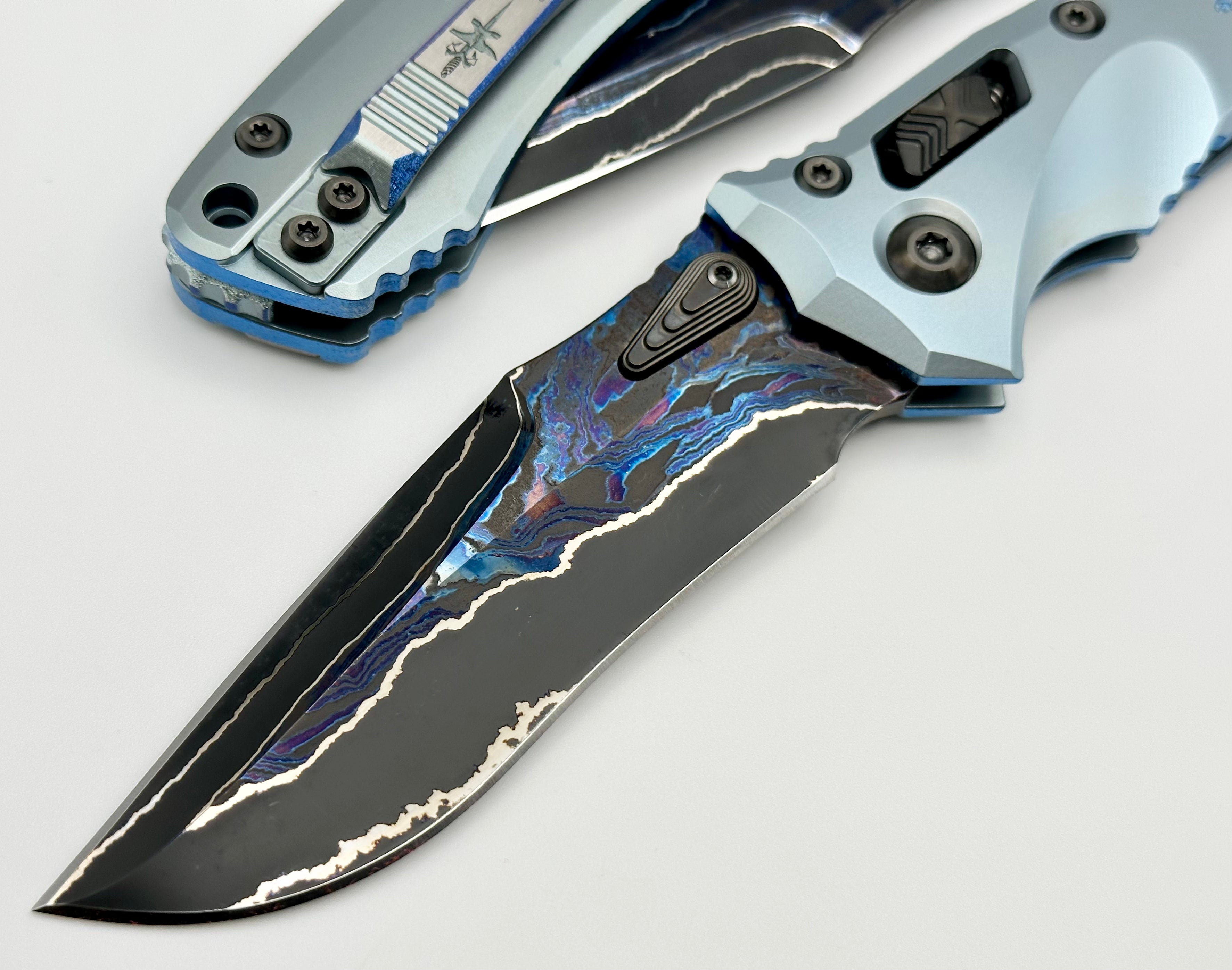 Marfione Custom Knives Amphibian RAM-LOK Metroid Broken Anvil Damascus & Ice Blue Stippled Titanium w/ Joint Logo Dagger Engraved